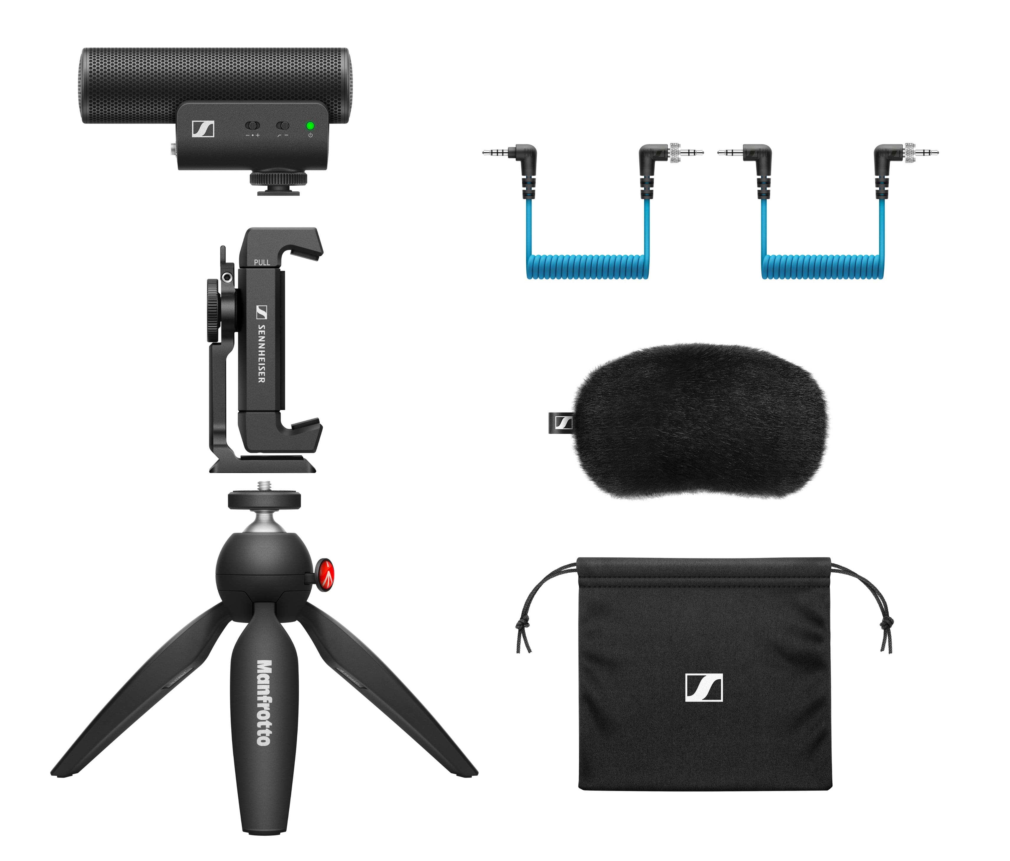 Sennheiser - Professional MKE 400 + Mobile Kit, Directional On-Camera Microphone with Smartphone Clamp & Manfrotto PIXI Mini Tripod - Black - Front_Zoom