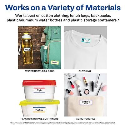 **Works for 100% on a Variety of Materials**

Works best on cotton clothing, lunch bags, backpacks, plastic/aluminum water bottles and plastic storage containers.*

- **WATER BOTTLES & BAGS**
- **CLOTHING**
- **PLASTIC STORAGE CONTAINERS**
- **FABRIC POUCHES**

*Recommended for 100% cotton materials, plastic bottles and polypropylene containers. Do not use on leather, suede or velvet.