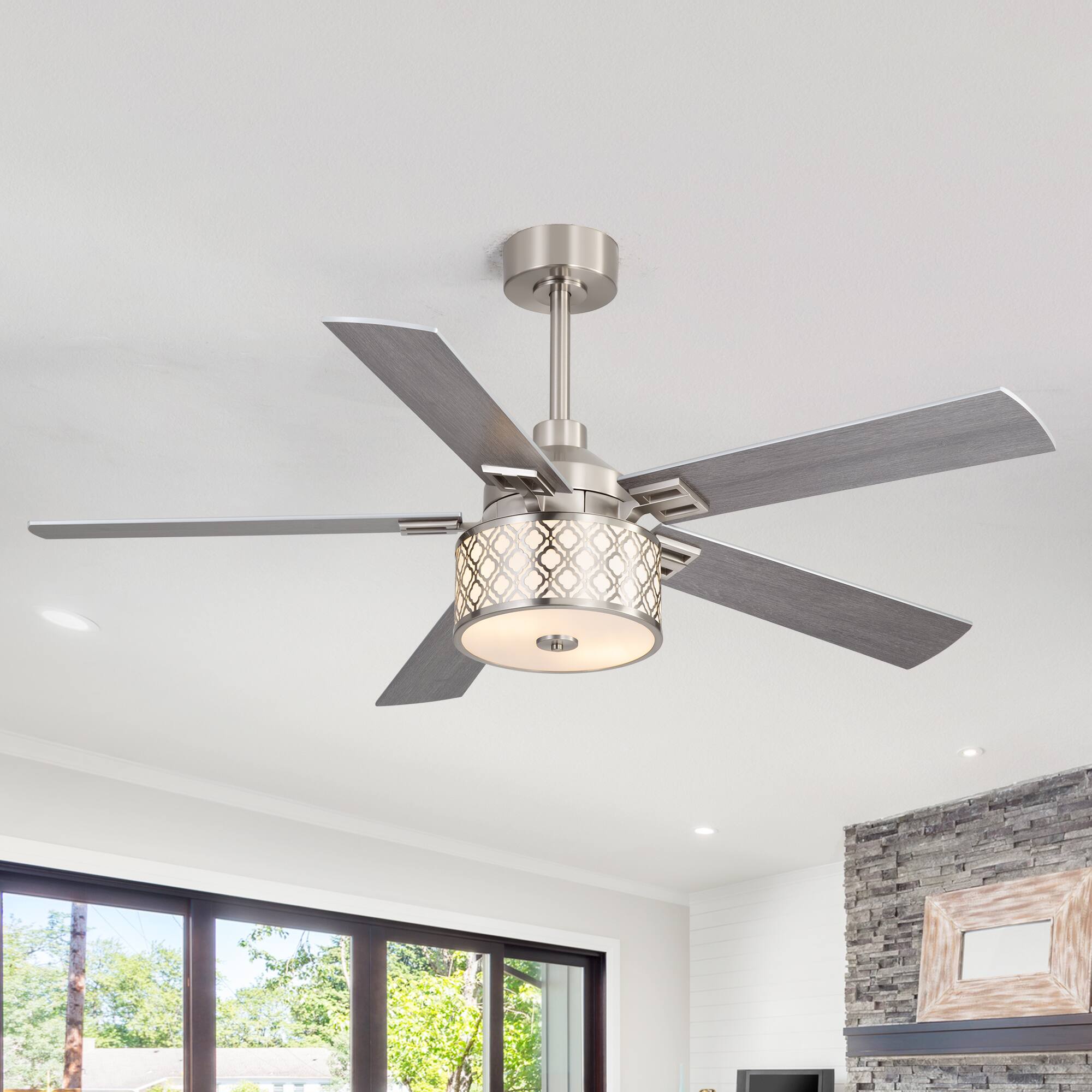 Left. Breezary - 52-Inch Ceiling Fan with Light Fixture, 5 Reversible Plywood Blades, DC Remote Control, 5/10-Inch Downrods, Indoor Use - Satin Nickel with Silver and Woodgrain.
