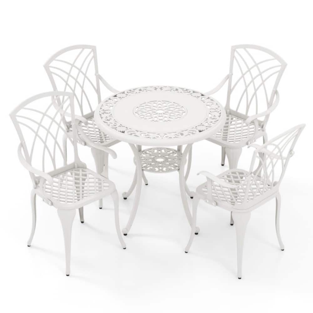Mondawe - 5 Piece Patio Bistro Table Chair Set with Umbrella Hole and Aluminum Frame - White