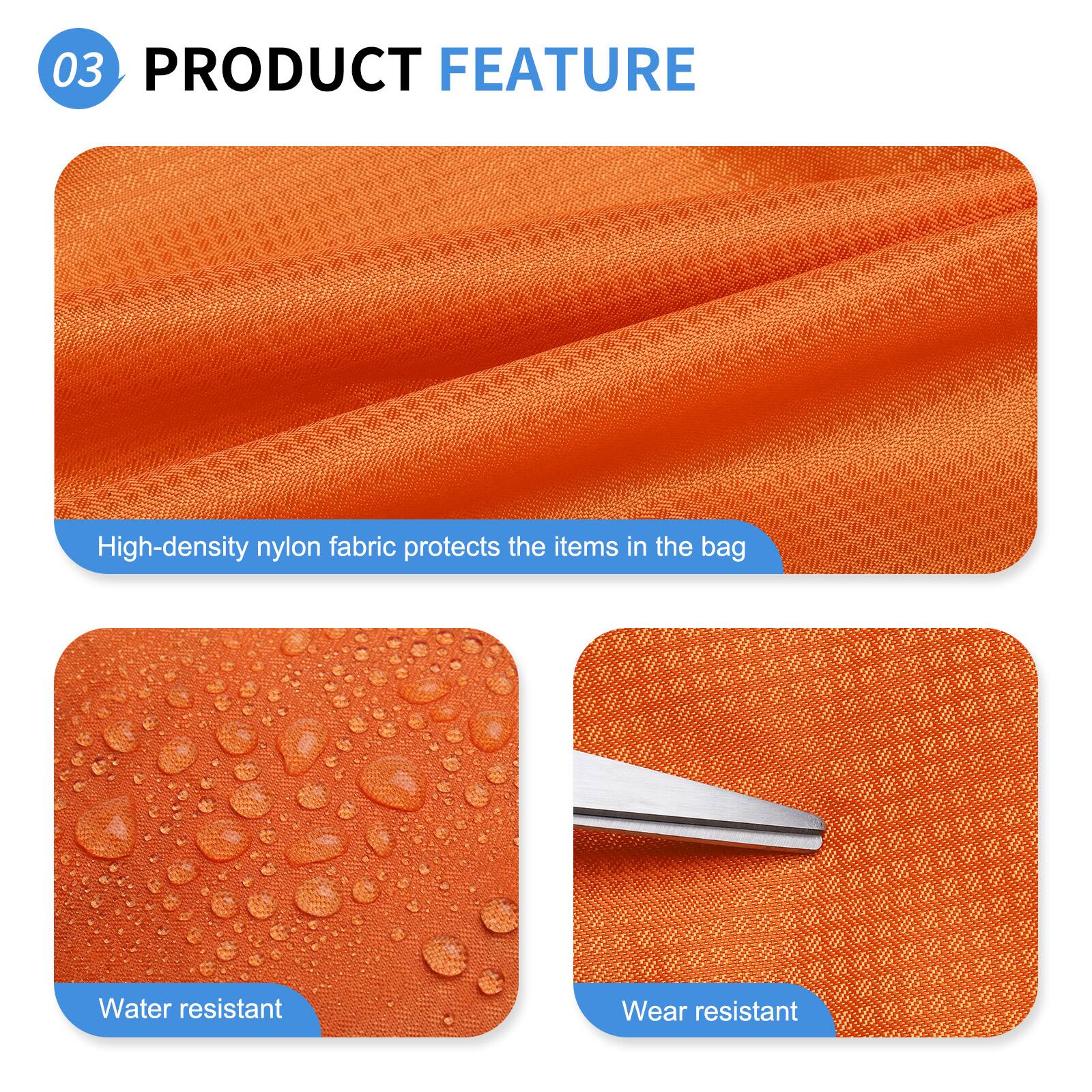 03 PRODUCT FEATURE

- High-density nylon fabric protects the items in the bag
- Water resistant
- Wear resistant