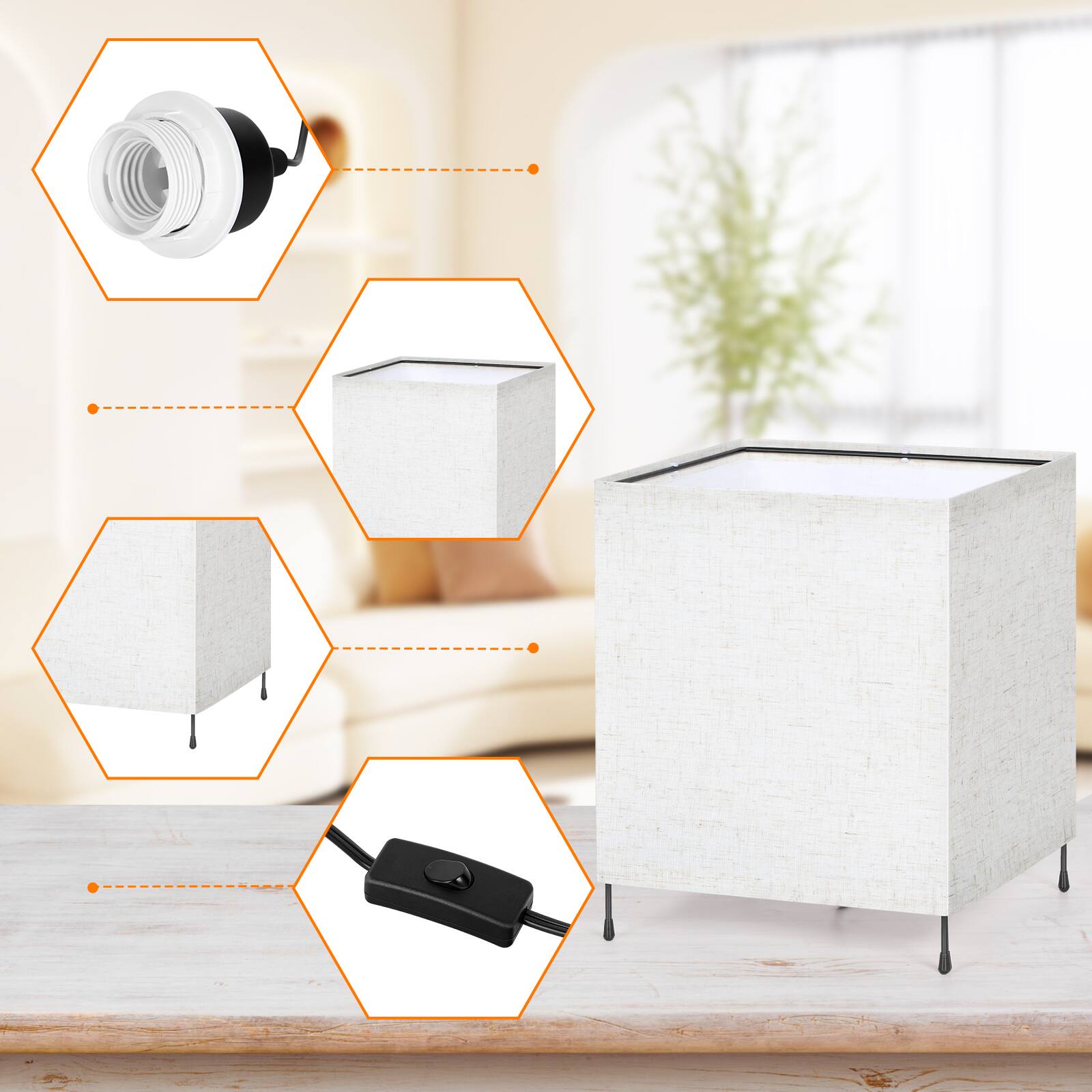 Left. Oumilen - Set of 2 Square Linen Fabric Table Lamps, 9.6in Tall, E26 Socket, Bedside Desk Lamps, Bulbs Not Included.