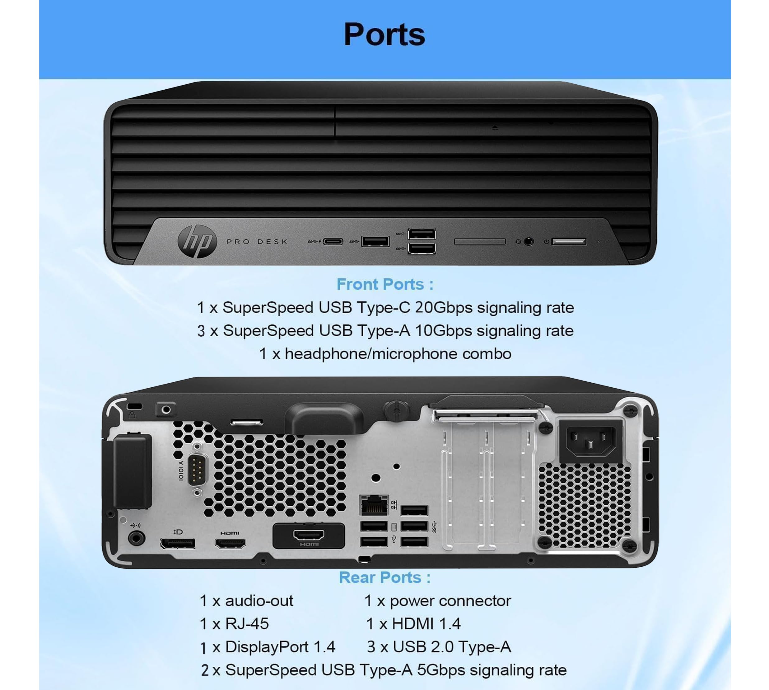 Ports

Front Ports:
- 1 x SuperSpeed USB Type-C 20Gbps signaling rate
- 3 x SuperSpeed USB Type-A 10Gbps signaling rate
- 1 x headphone/microphone combo

Rear Ports:
- 1 x audio-out
- 1 x power connector
- 1 x RJ-45
- 1 x HDMI 1.4
- 1 x DisplayPort 1.4
- 3 x USB 2.0 Type-A
- 2 x SuperSpeed USB Type-A 5Gbps signaling rate