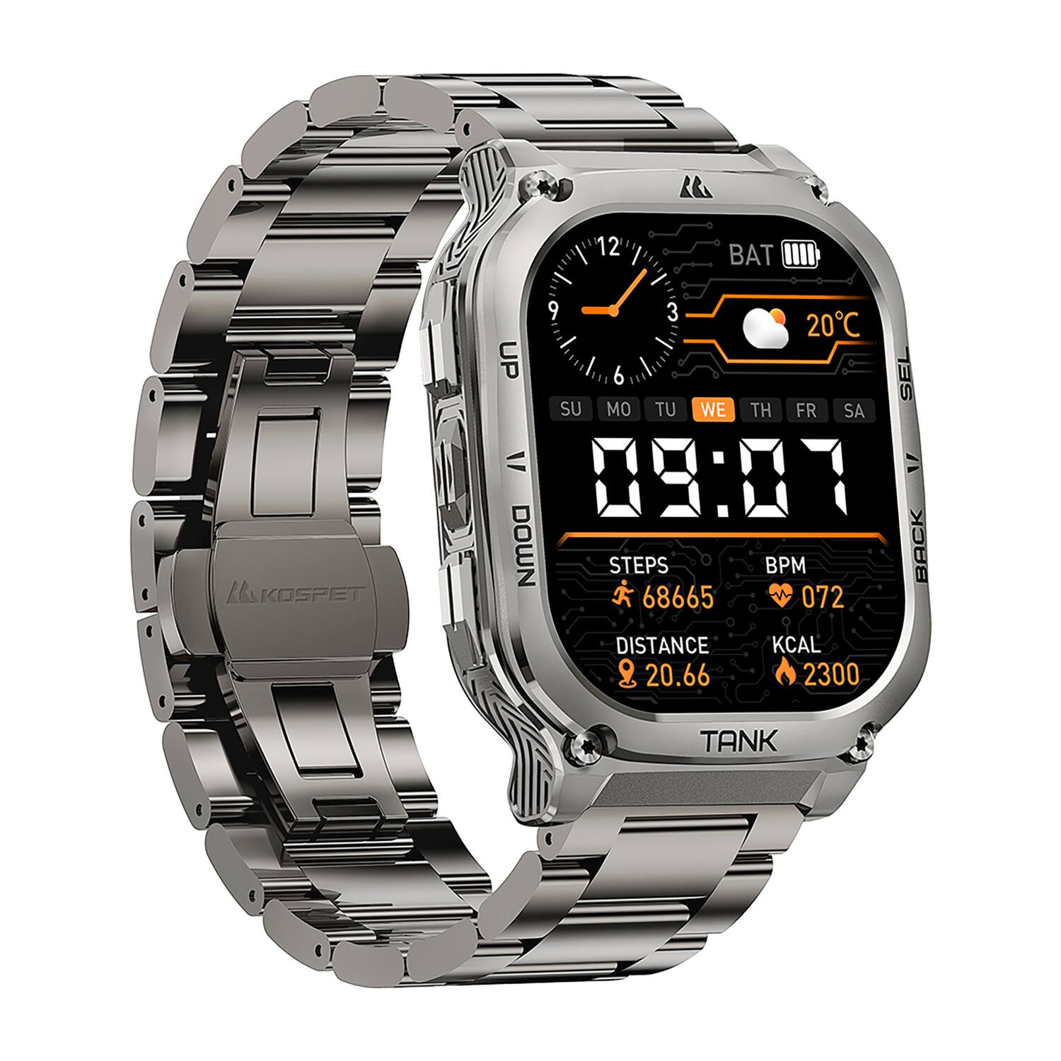 12 BAT KOSPET 9 3 20°C UP 6 - SEL SU MO TU WE TH FR SA = V 09:07 DOWN STEPS BPM BACK 68665 072 DISTANCE KCAL & 20.66 2300 TANK