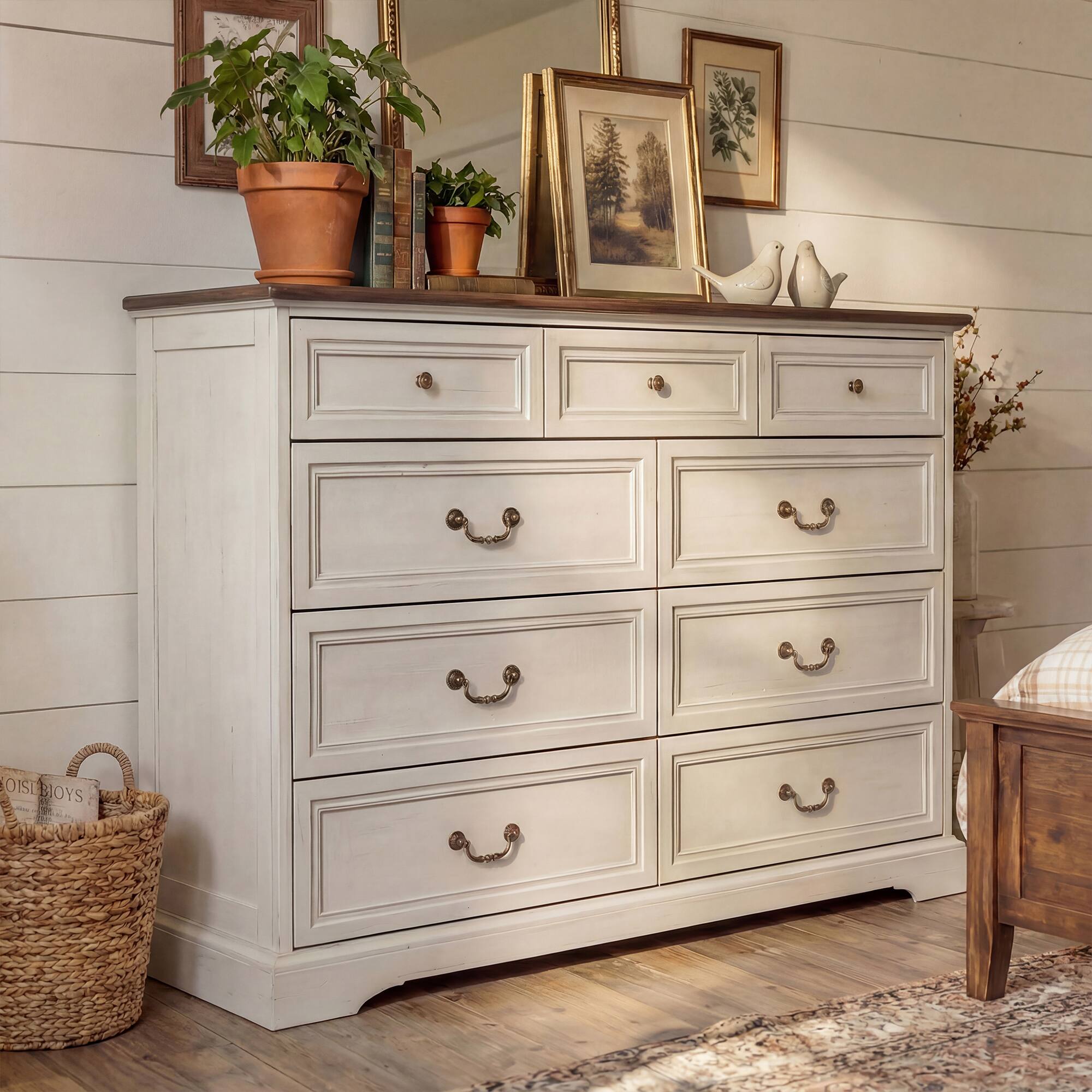 Angle. FUFU & GAGA - Classic 9-Drawer Dresser Chest-Large Bedroom Storage Tower with 3 Small & 6 Large Drawers Clothes Organizer for Bedroom - Distressed white.