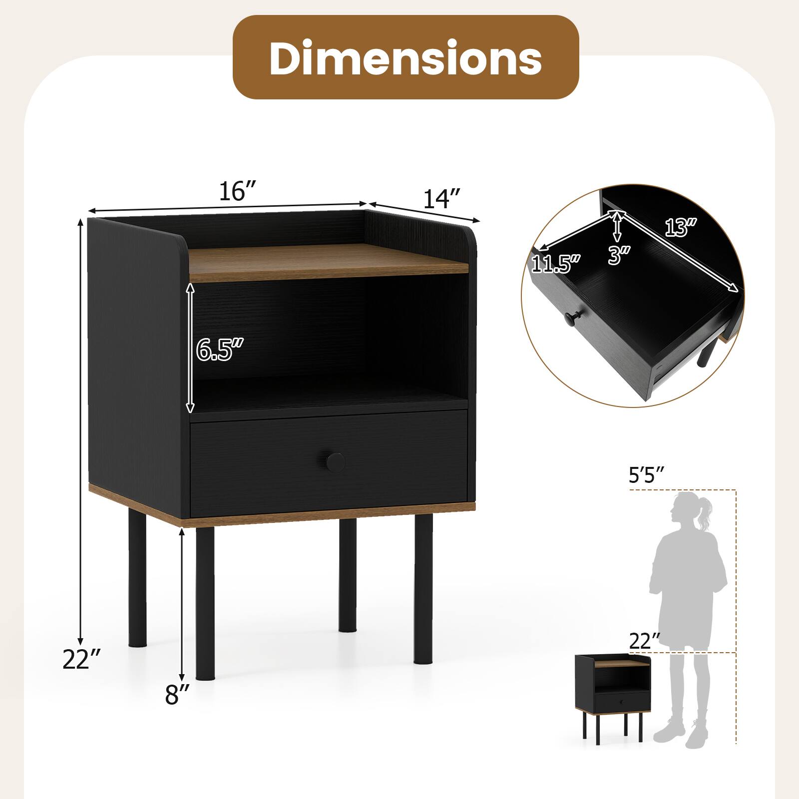 Dimensions: 16" x 14" x 11.5" x 3" x 13" x 6.5" x 5'5" x 22" x 8" x 22"