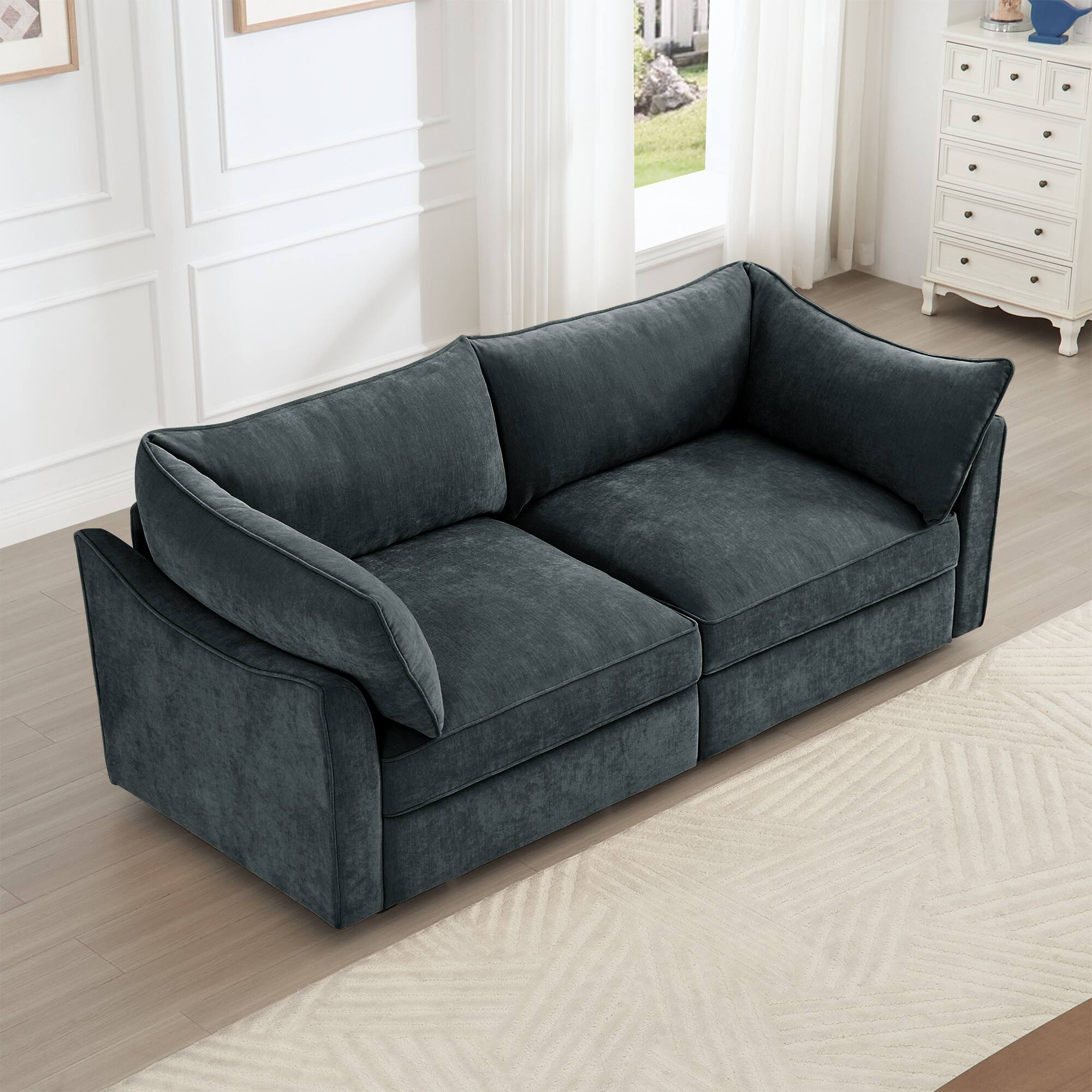 Angle. Aukfa - 2-Seater Sofa with Pull-Out Storage Drawers - Crescent-Shaped Armrests, Chenille Fabric, Wraparound Cushions - Gray.