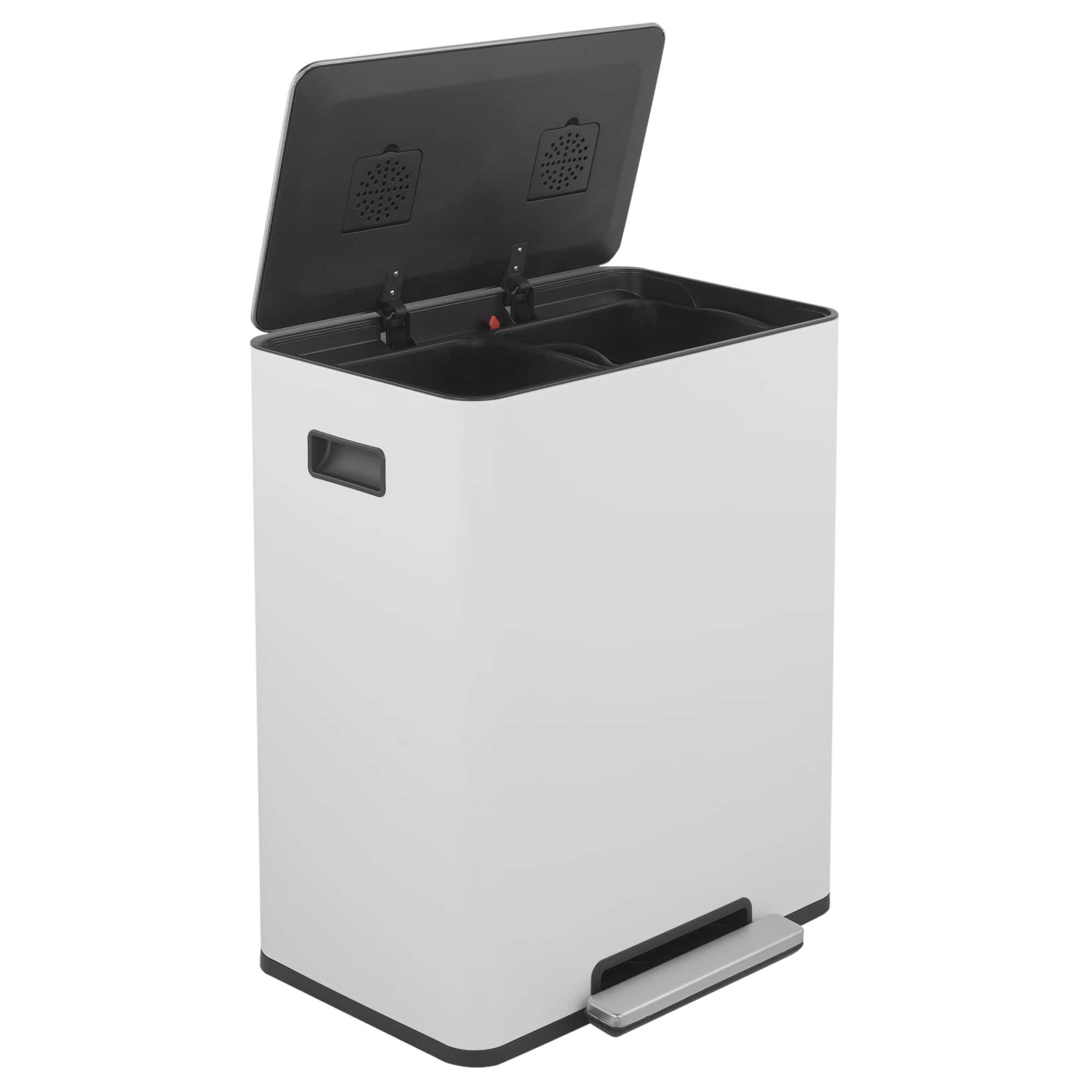 Front. Innovaze - 15.6 Gallon Rectangular Stainless Steel Recycle Step-on Trash Can with Dual 30 liter + 30 liter Compartments for Kitchen - Matt White.