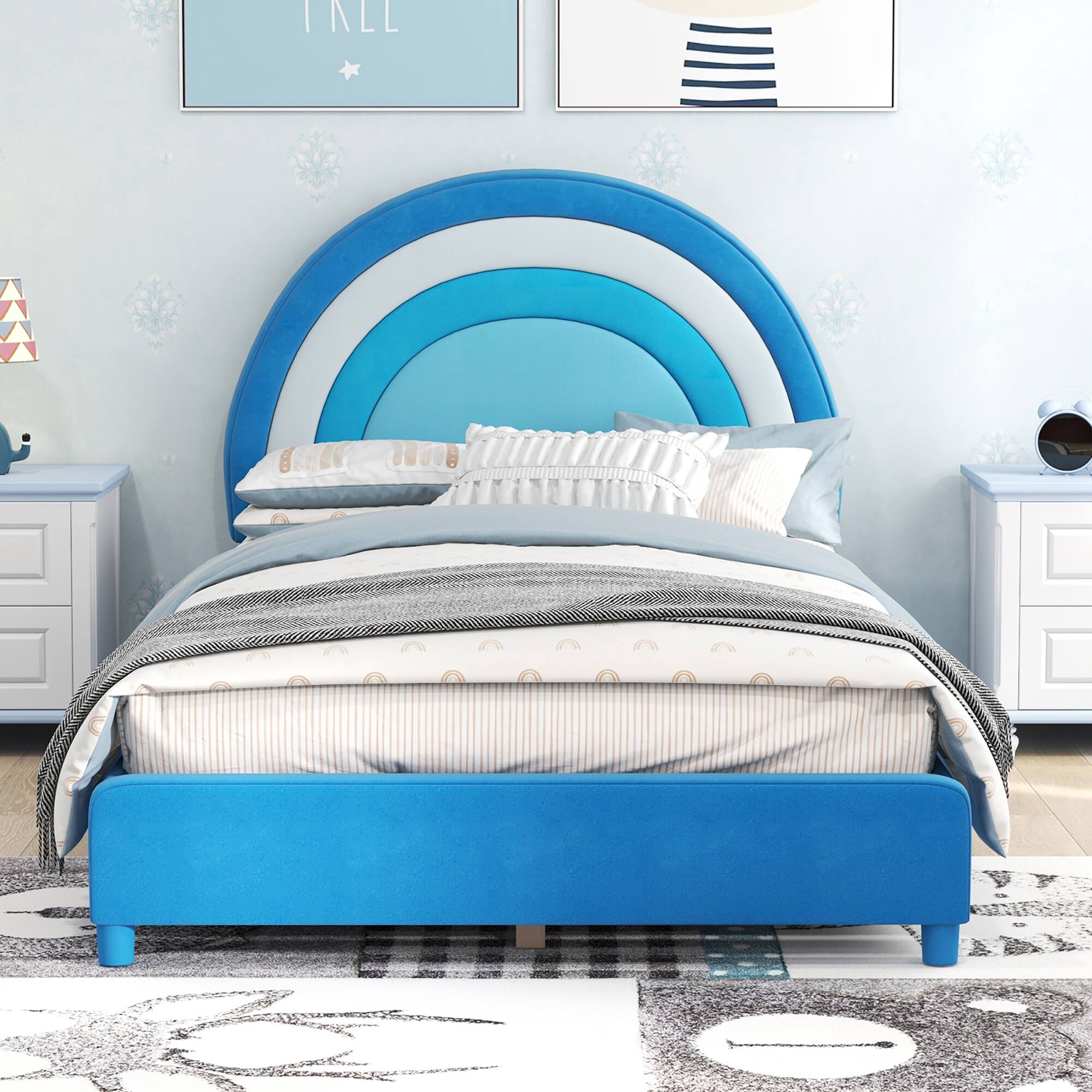 Alt View 3. Gymax - Gymax Kids Twin Platform Bed Frame Upholstered Twin Size Bed w/ Wooden Slats Support Blue - Blue.