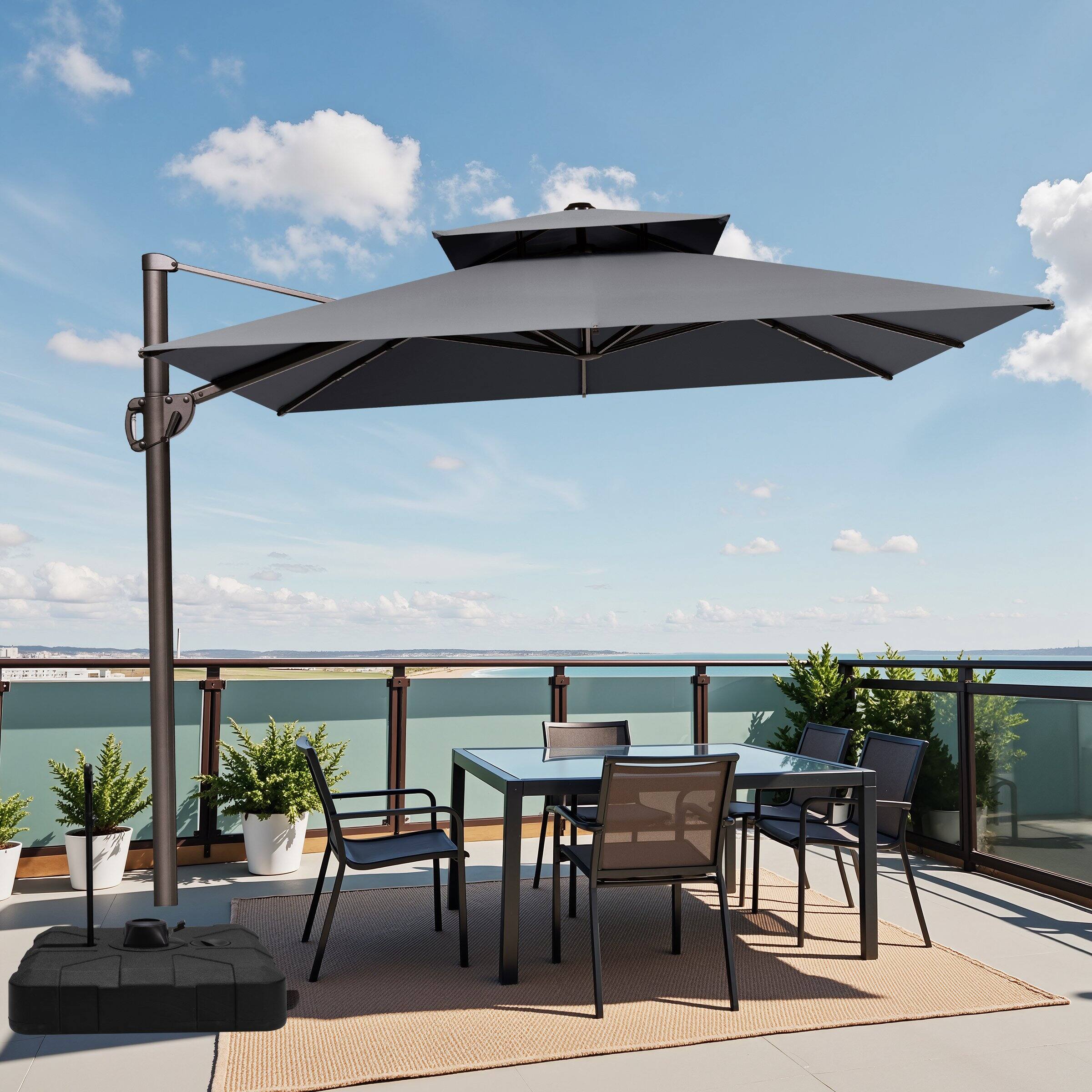 Angle. Crestlive Products - Crestlive Products 11-ft Aluminum Tan Slide-tilt Cantilever Patio Umbrella with Base - Dark gray.