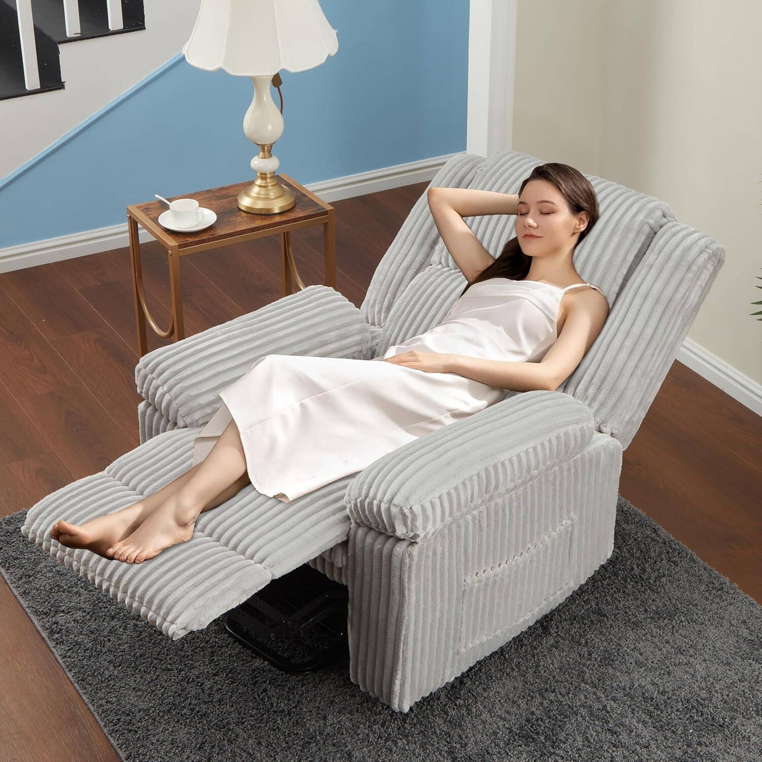 Back. Acekool - Corduroy Recliner Chair,Manual Recliner Sofa,330Lbs Capacity,Adjustable Recliner for Living Room,Bedroom,Home Theater - Light Grey.