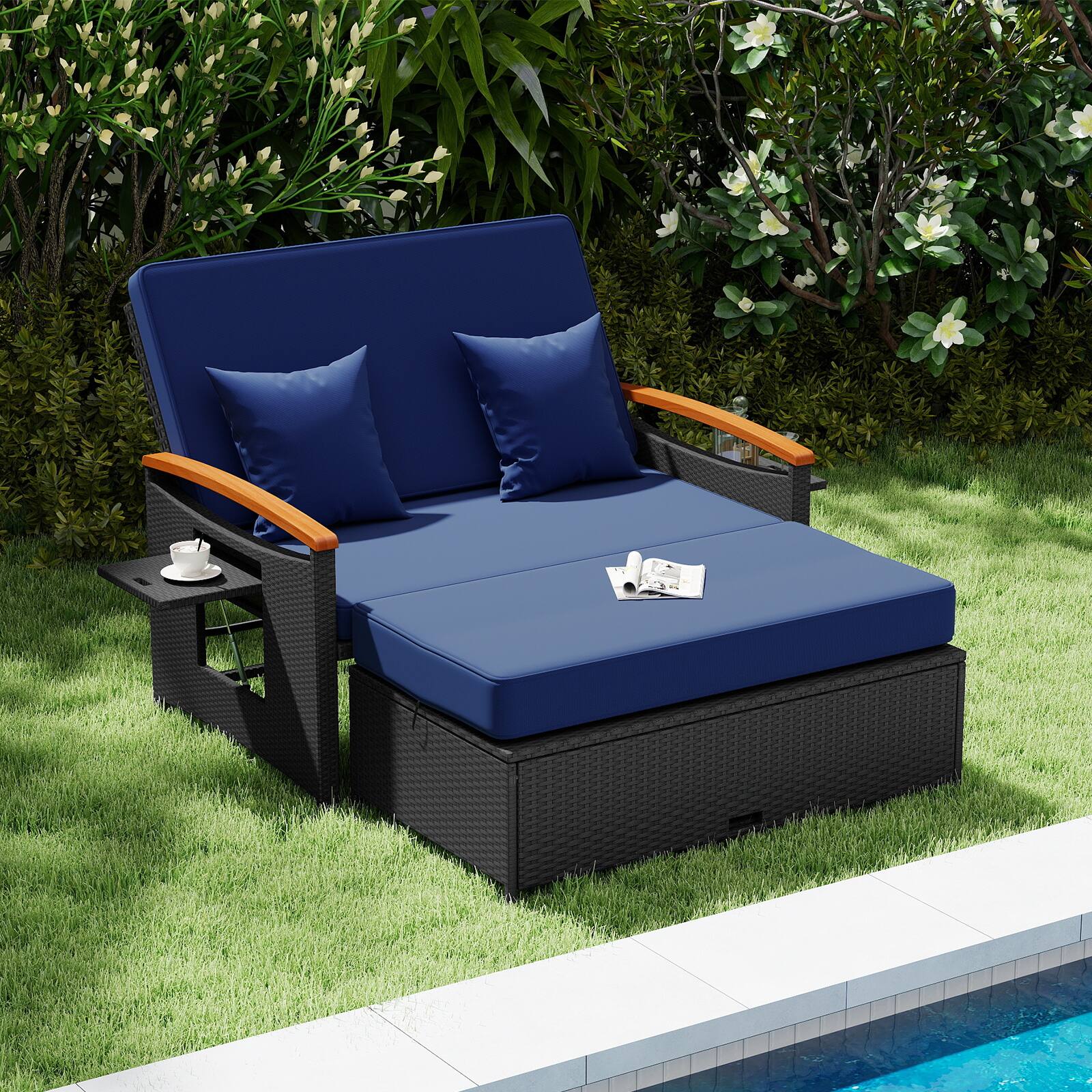 Alt View 4. Gymax - Gymax Patio Rattan Daybed Set w/Cushioned Loveseat & Storage Ottoman for Porch Outdoor Navy - Black.