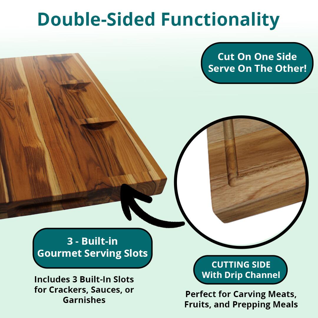 Double-Sided Functionality

Cut On One Side Serve On The Other!

3 - Built-in Gourmet Serving Slots
Includes 3 Built-In Slots for Crackers, Sauces, or Garnishes

CUTTING SIDE With Drip Channel
Perfect for Carving Meats, Fruits, and Prepping Meals
