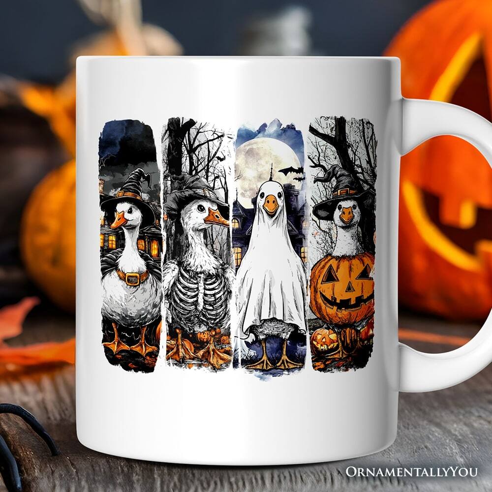 Back. OrnamentallyYou - Halloween Goose in Costume Mug, Spooky Fall Geese Gift - White.