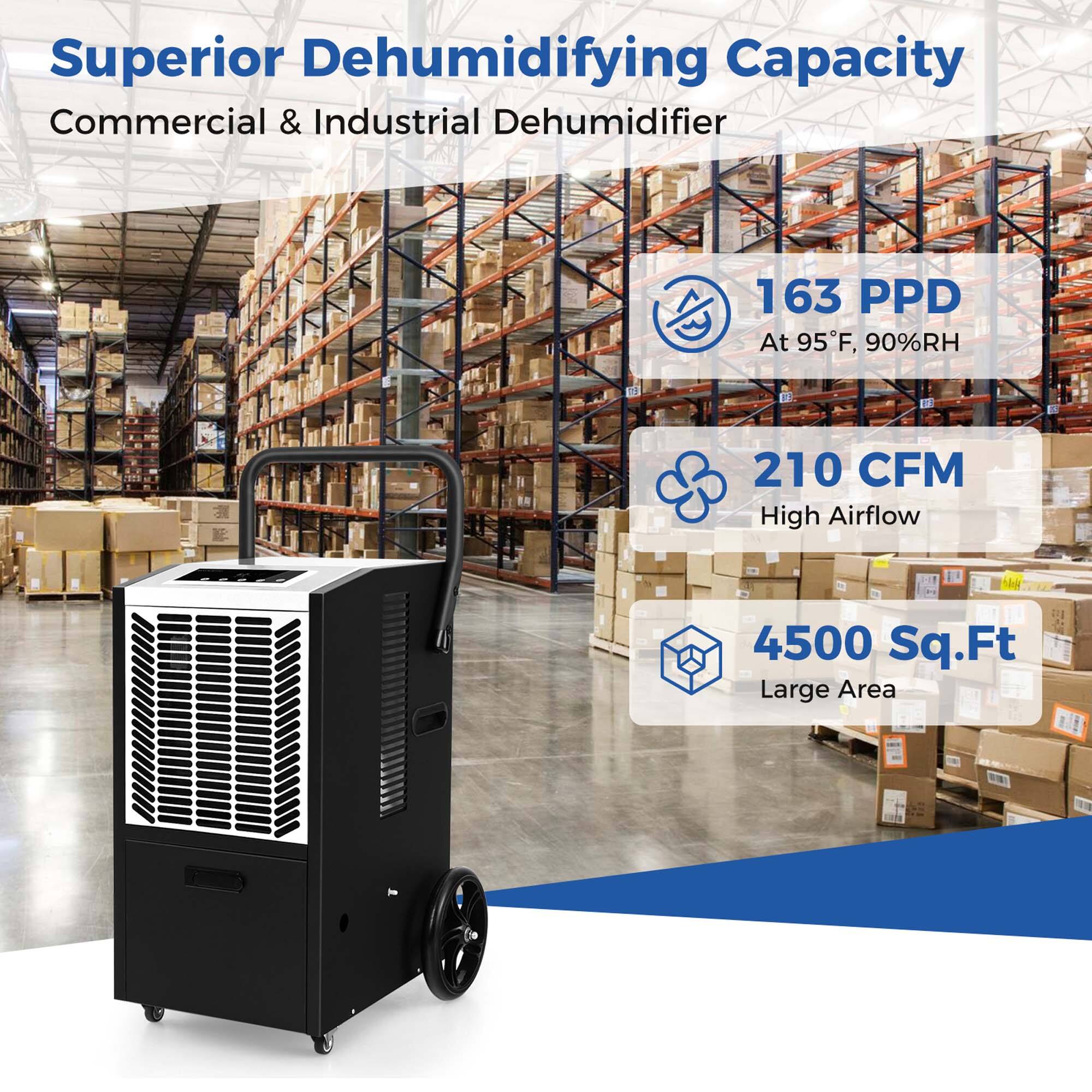 Superior Dehumidifying Capacity Commercial & Industrial Dehumidifier 163 PPD at 95°F, 90%RH, 210 CFM High Airflow, Meets 11 4500 Sq.Ft Large Area.