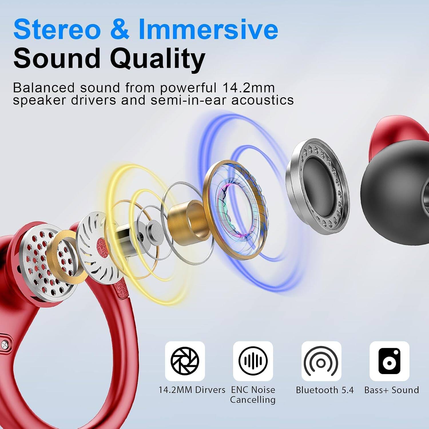 Stereo & Immersive Sound Quality  
Balanced sound from powerful 14.2mm speaker drivers and semi-in-ear acoustics  

14.2MM Drivers  
ENC Noise Cancelling  
Bluetooth 5.4  
Bass+ Sound