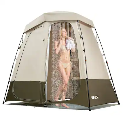 Front. VEVOR - Camping Shower Tent, 2-Room Foldable Privacy Tent Changing Room with Ground Stakes, Ropes, Carry Bag, and Crossbar - Khaki.