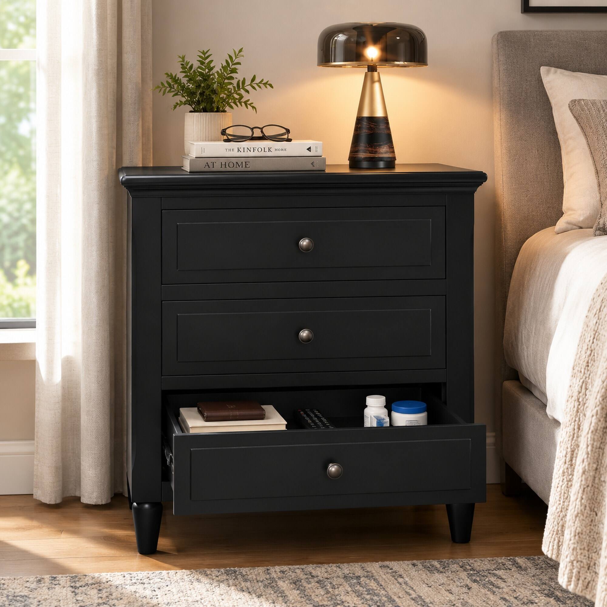 RYHNUYNE 28 in Painted Nightstand, 3 Drawer Bedside Cabinet, Rubber ...