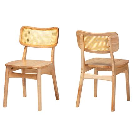 Front. Baxton Studio - Tadeo Mid-Century Modern Oak Finished Wood and Rattan 2-Piece Dining Chair Set - Oak Brown/Light Brown.