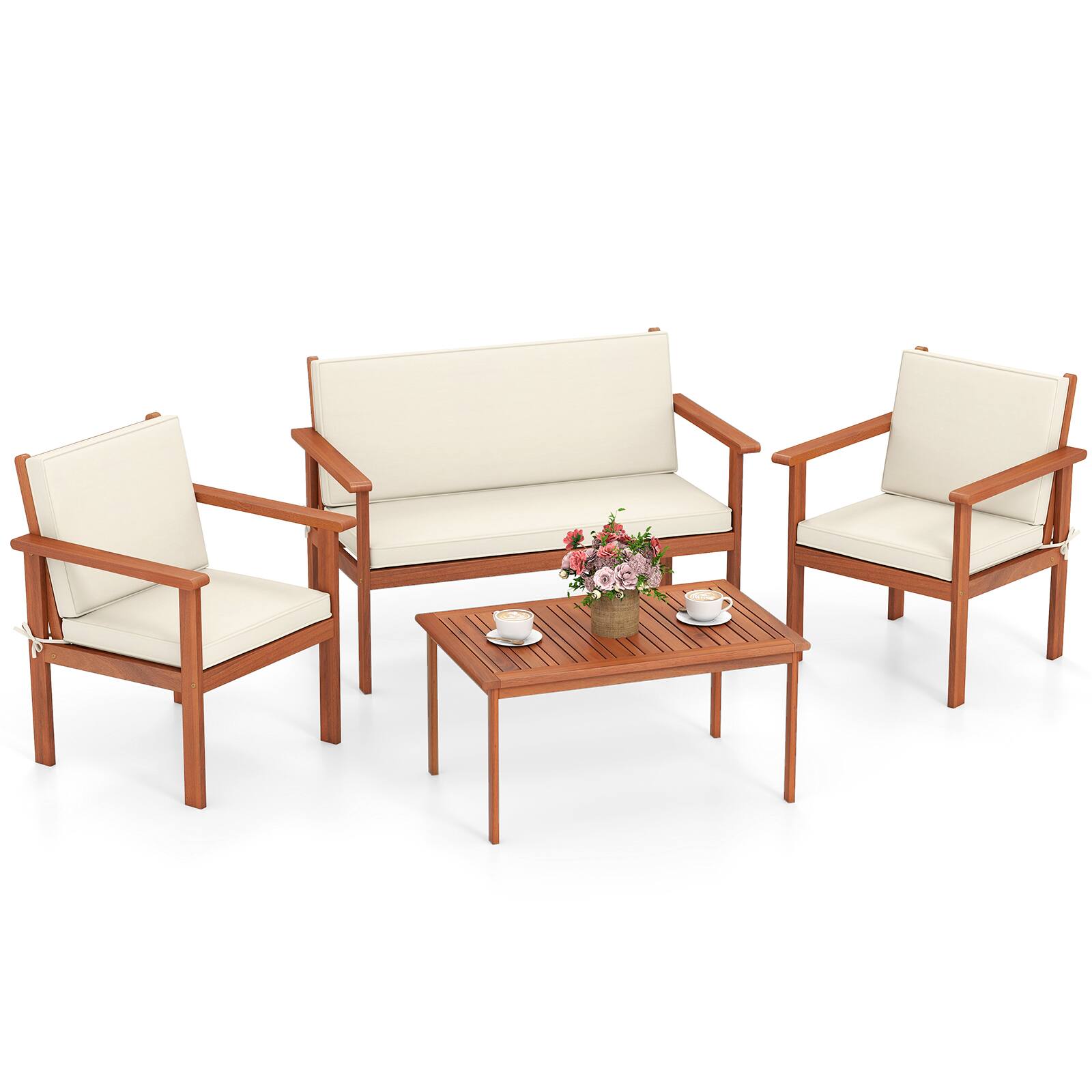 Alt View 8. Gymax - Gymax 4 Pieces Patio Furniture Set Acacia Wood Porch Chairs w/ Table - White.