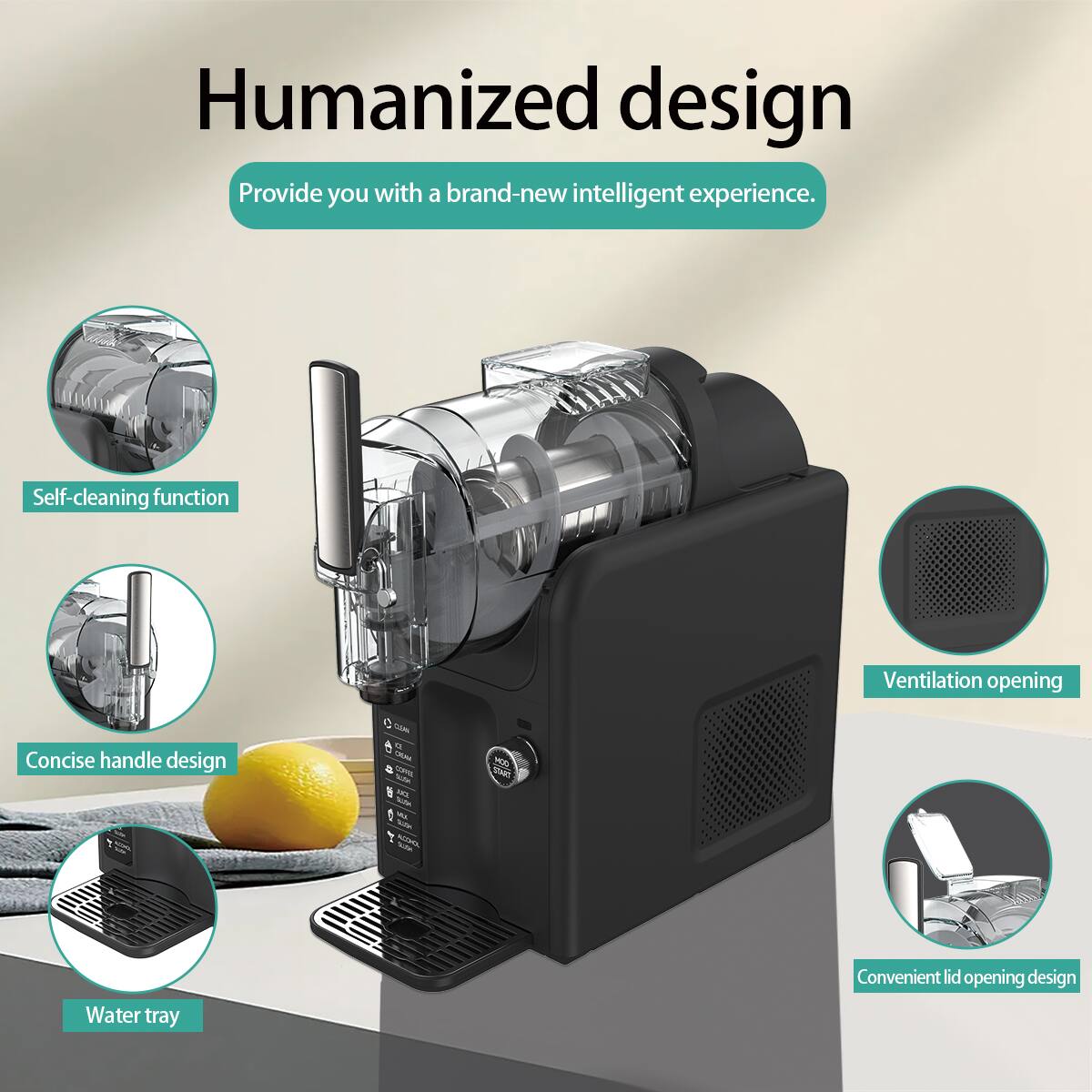 Humanized design  
Provide you with a brand-new intelligent experience.  
Self-cleaning function  
Ventilation opening  
Concise handle design  
Water tray  
Convenient lid opening design