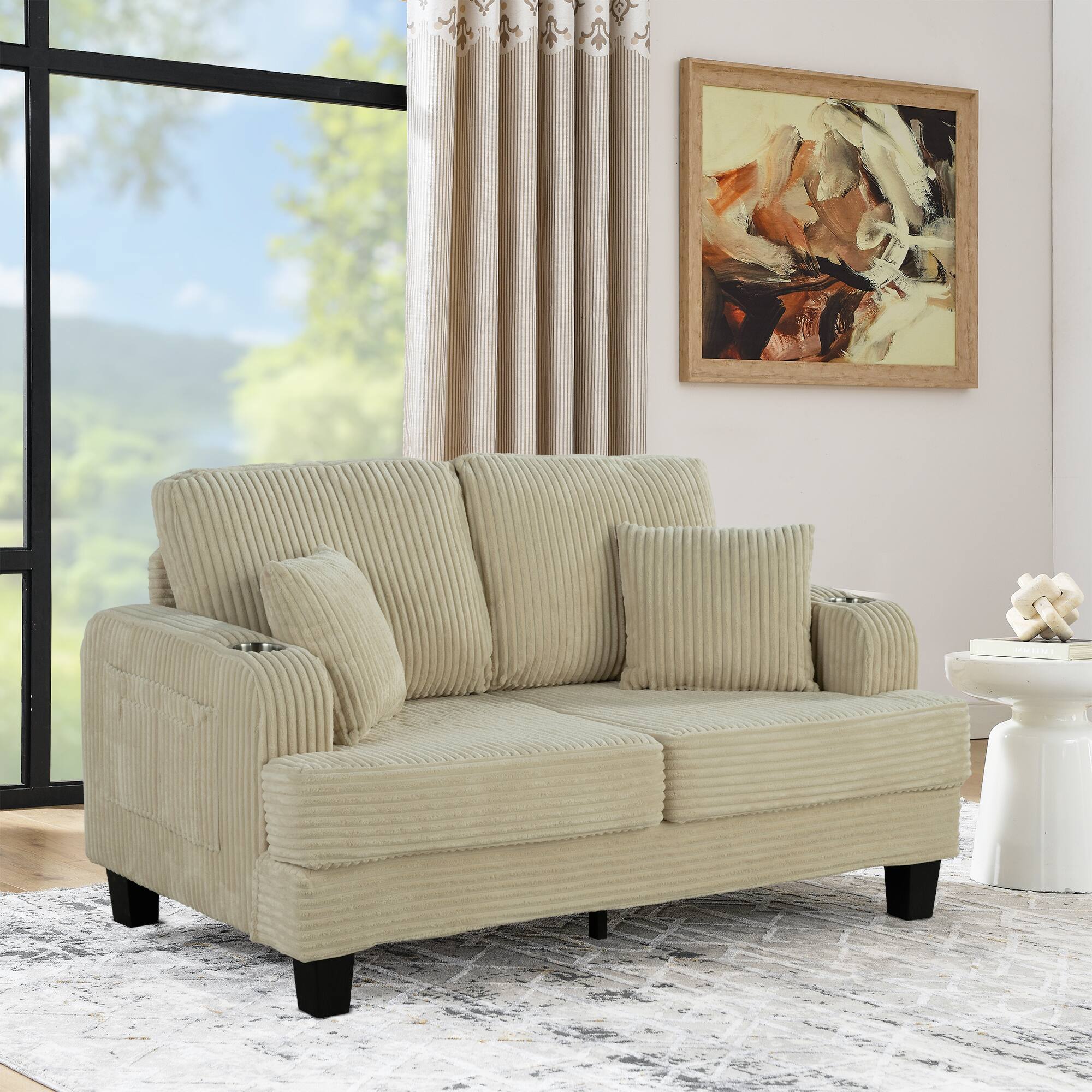 Angle. Vaczon - Modern Fabric Loveseat with Cup Holders, Compact 2-Seat Sofa with Throw Pillows for Apartment and Living Room - Beige.