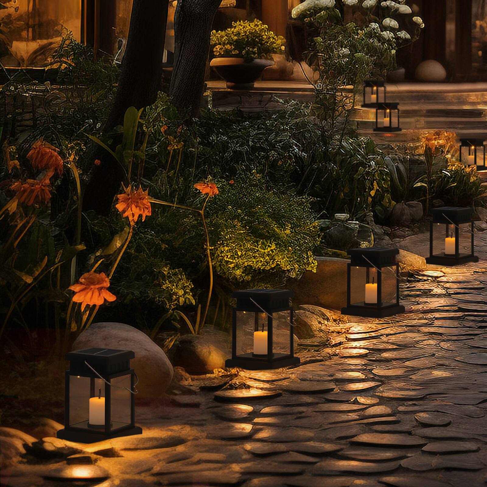 Alt View 2. Oumilen - 4 Pack Solar Vintage Hanging Candle Lantern Lights with Clip – IP65 Steady Warm LED for Tree Garden.