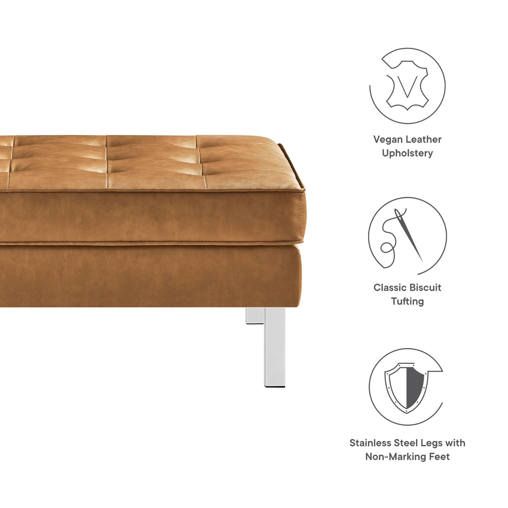 - Vegan Leather Upholstery
- Classic Biscuit Tufting
- Stainless Steel Legs with Non-Marking Feet