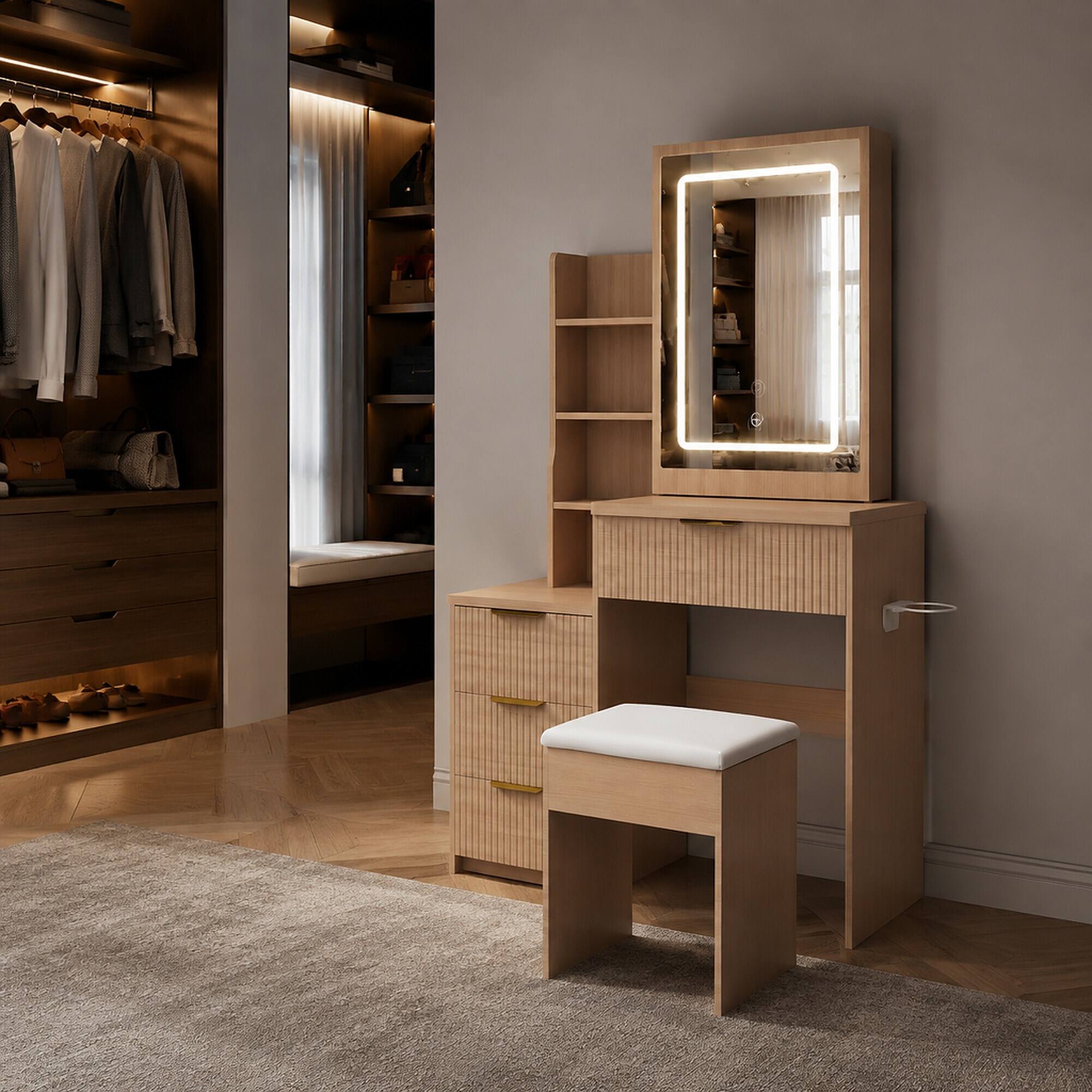 Left. RYHNUYNE - Modern Makeup Vanity Desk, 3 LED Lighting Modes, 4 Drawers, Open Shelves, Hair Dryer Holder, Power Socket, Dressing - Walnut.