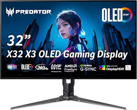 PREDATOR OLED - Acer 32" X32 X3 OLED Gaming Display, Upto 4K2K, AMD NVIDIA, VESA Certified, True UHD 3648x2140 OLED, acET, 240Hz, 0.01 ms, G-SYNC, DisplayHDR Black, 400, FreeSync, Pixel Response Time, Premium Pro.