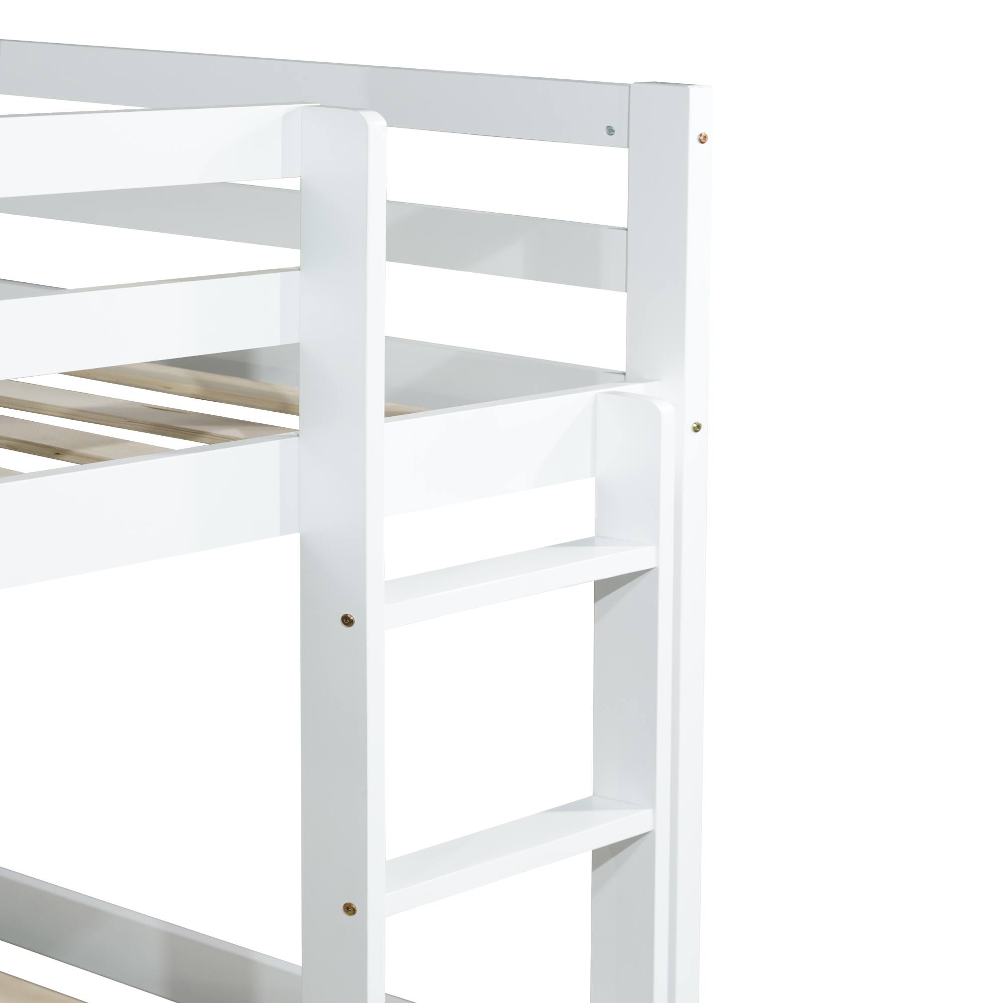 Left. GOODSILO - Solid Wood Twin Over Twin Floor Bunk Bed with Ladder and Strengthened Slats for Enhanced Stability - White.