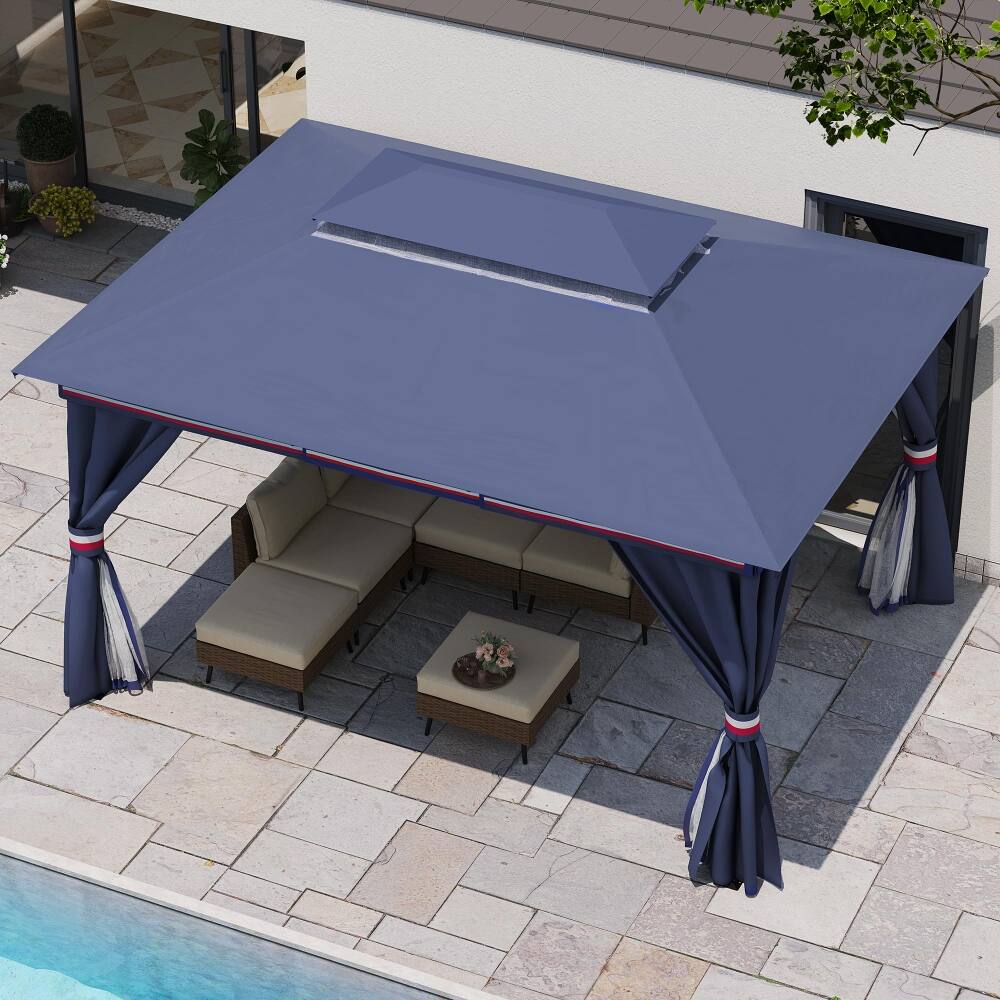 Angle. Yardgrace - 10x13 FT Outdoor Heavy Duty Metal Frame Gazebo Double Roof Mosquito Net Privacy Screen Patio Backyard Garden - Blue.