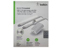 Belkin - Boost Charge USB-C PD Wall Charger With PPS + Pro Flex USB-C To USB-C Cable Magnetic Cable Management- Color: Whi - White
