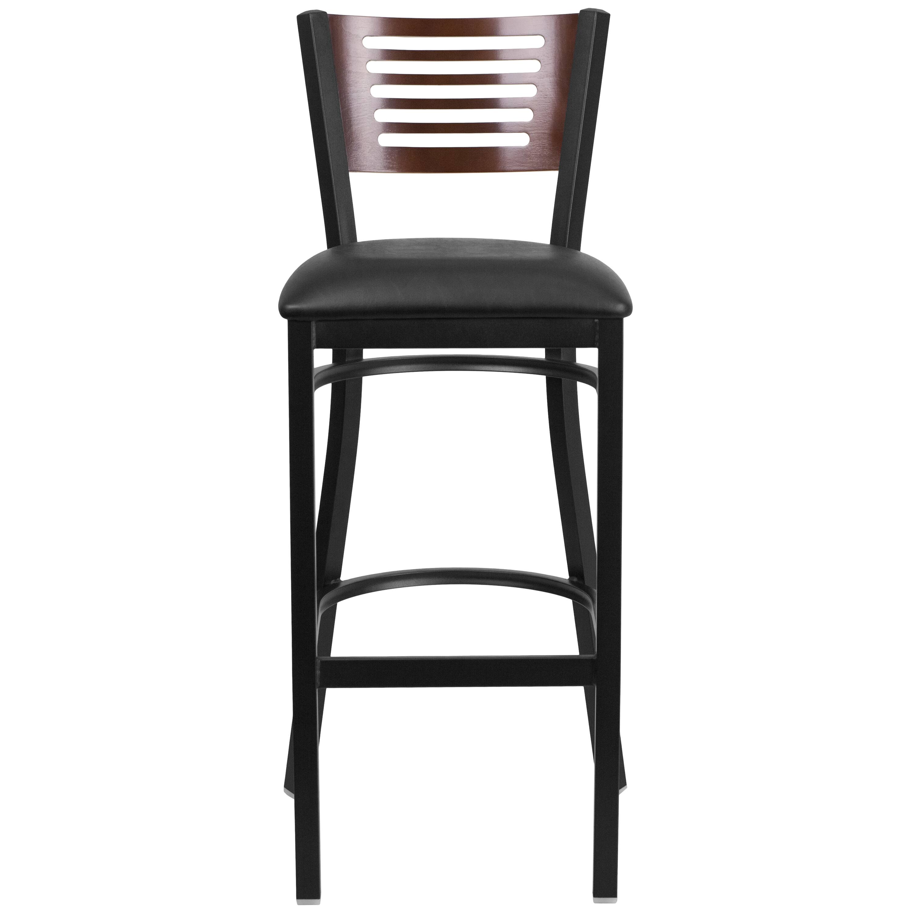 Alt View 7. Emma + Oliver - Decorative Slat Back Metal Restaurant Dining Barstool - Walnut Wood Back/Black Vinyl Seat/Black Metal.