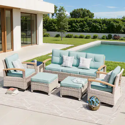 Front. Yardgrace - 6-Piece Wicker Patio Set w/ 2 Wood Armrest Swivel Glide Chairs & 2 Ottomans for Deck, Yard or Poolside - Blue.