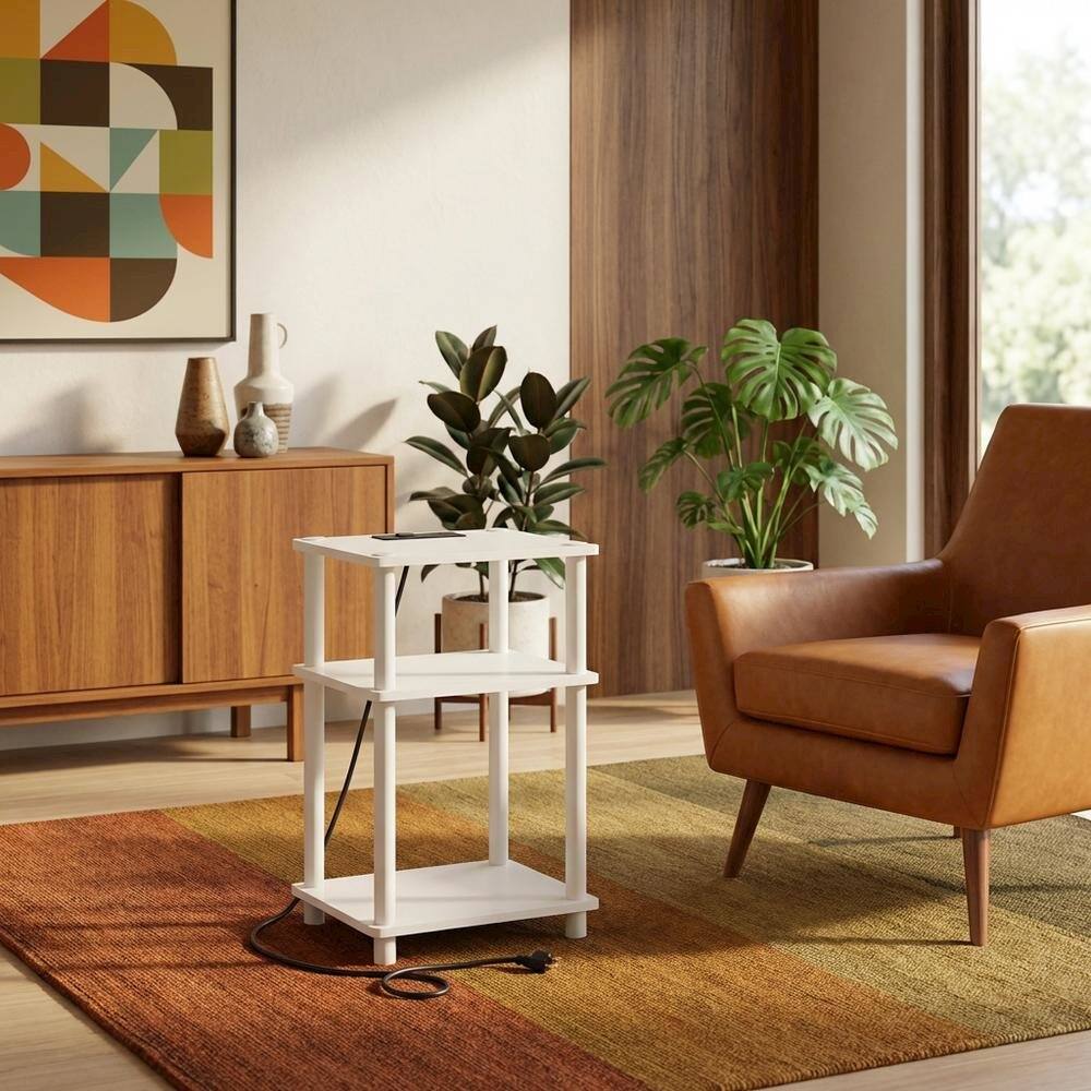 Angle. FurniFact - 3-Tier Open Storage End Table with USB and Type-C Charging Ports - White/White.