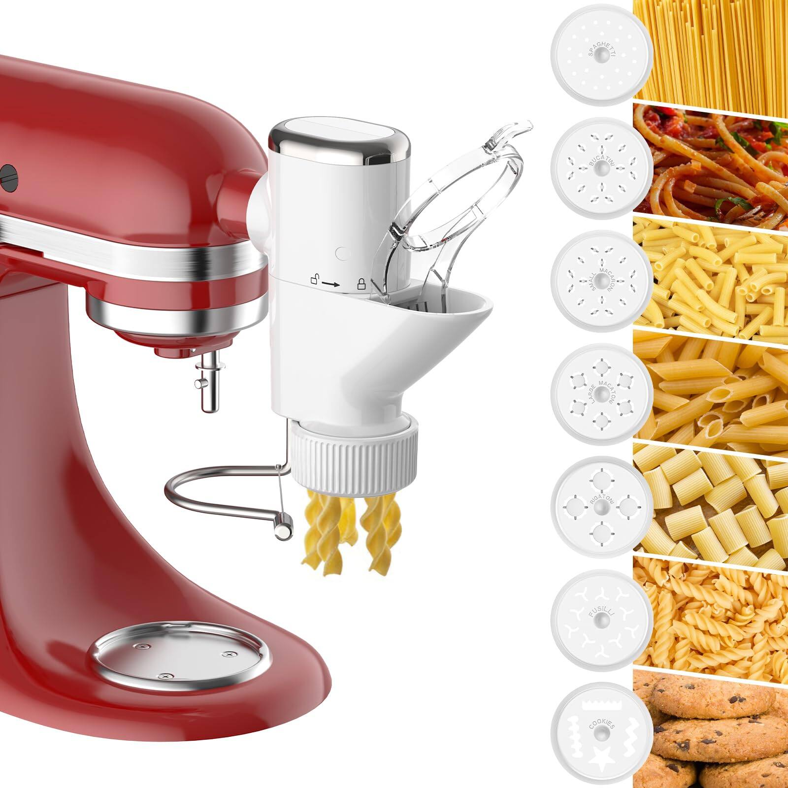 Gvode - 7-in-1 Pasta Attachment for 7 Pasta Shapes, Compatible with KitchenAid® Stand Mixers, Cookie Disc & Brush - White