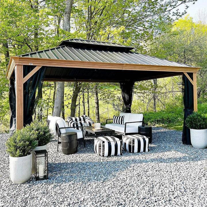 Alt View 1. PURPLE LEAF - 12 X 16 FT Hardtop Outdoor Wood Grain Aluminum Gazebo with Double Roof for Patio Lawn and Garden, Netting Included - 12' X 16'.