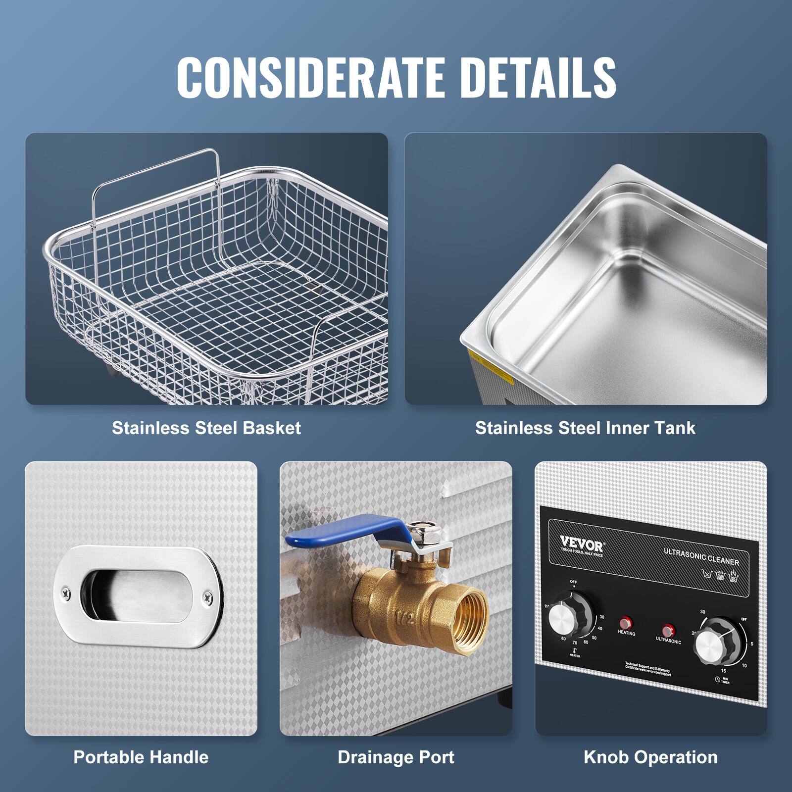 CONSIDERATE DETAILS
Stainless Steel Basket
Stainless Steel Inner Tank
Portable Handle
Drainage Port
Knob Operation