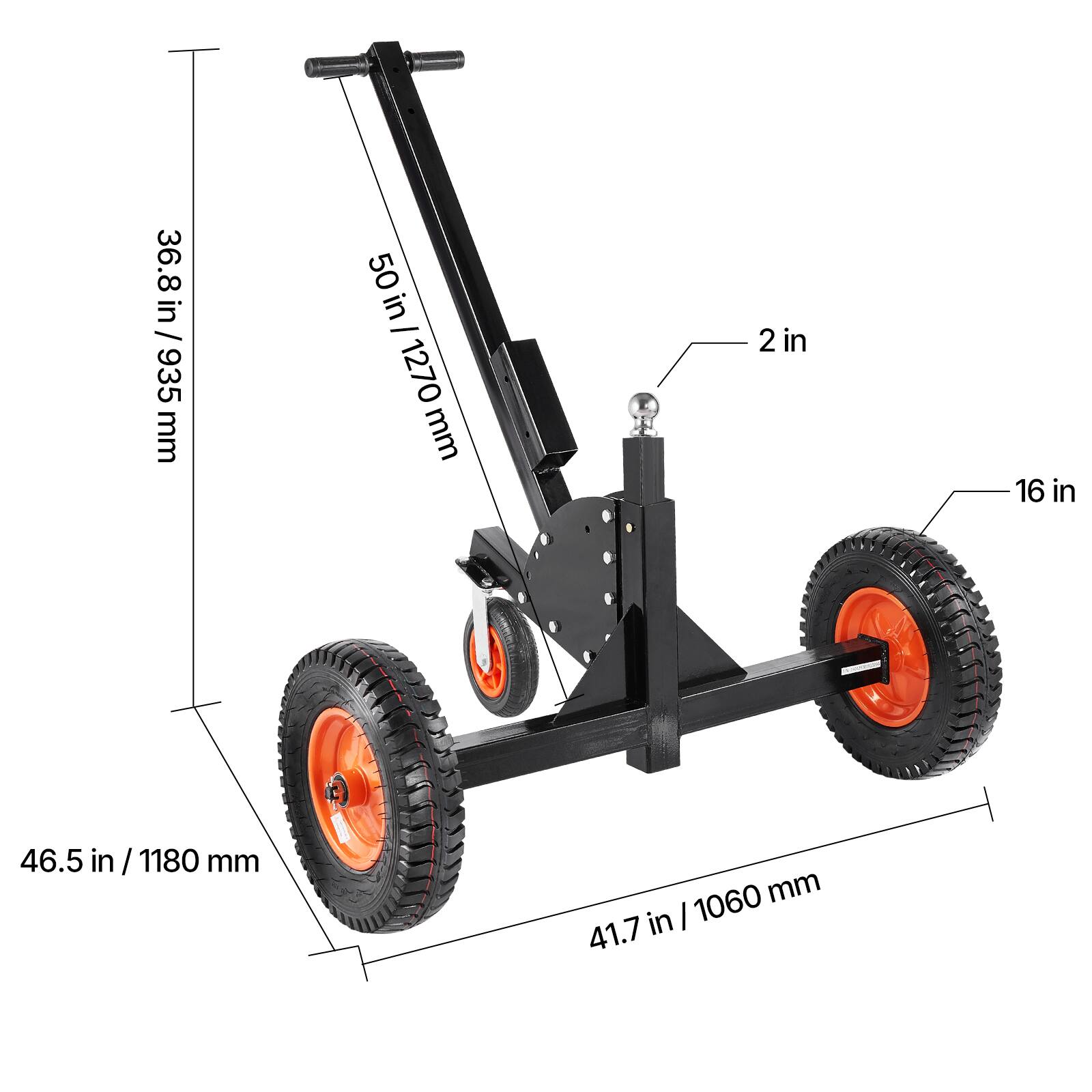 - Height: 36.8 in / 935 mm
- Width: 50 in / 1270 mm
- Wheelbase: 46.5 in / 1180 mm
- Length: 41.7 in / 1060 mm
- Handle height: 2 in
- Wheel diameter: 16 in