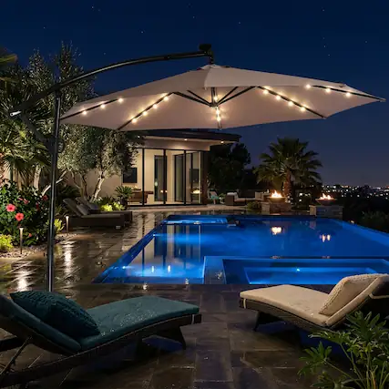 Front. WELLFOR - 10FT 360° Rotation Solar Powered LED Offset Patio Umbrella with Tilt and Crank.