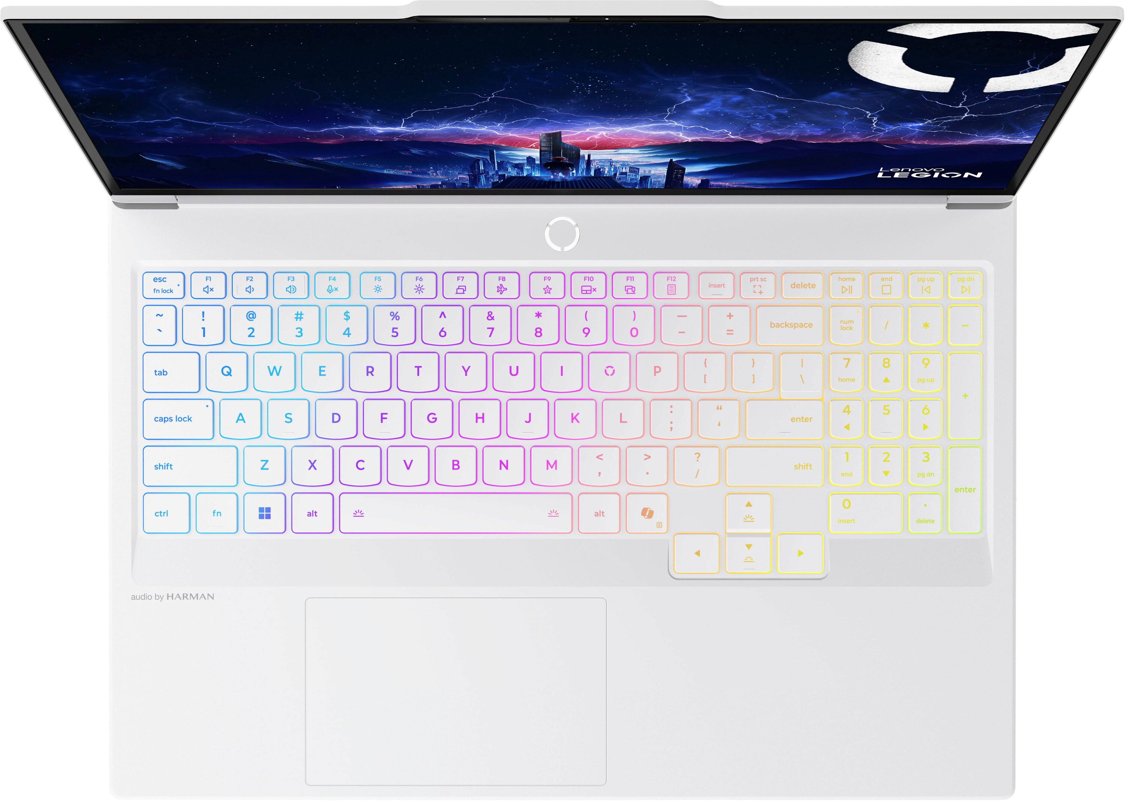 The text on the image reads "EDAV LEGION i lock n 4x 13 11 4 H4 dx a 8 . i is N i. n insam ON. + delete Ssm I and DI nyrdm DI 5 - 1 2 3 $ 4 % 5 A 6 7 8 I 9 I 0 | - + = backspace Caolock / * tab Q W E R T Y U I O P - I I | I I 7 home 8 9 19 caps lock A S D F G H J K L - - - - enter 4 5 6 + shift Z x C V B N M < - > 7 1 shift 1 end 2 3 g d ctrl fn ait ait J 0 insent mulete enter audio by HARMAN."