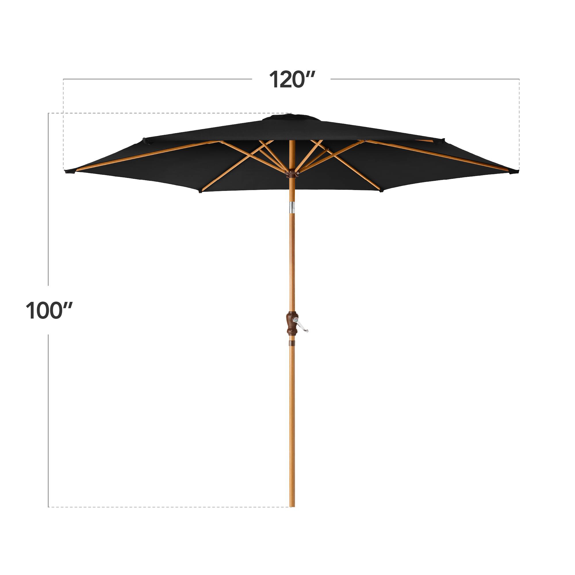 The dimensions of the umbrella are:

- Diameter: 120 inches
- Height: 100 inches