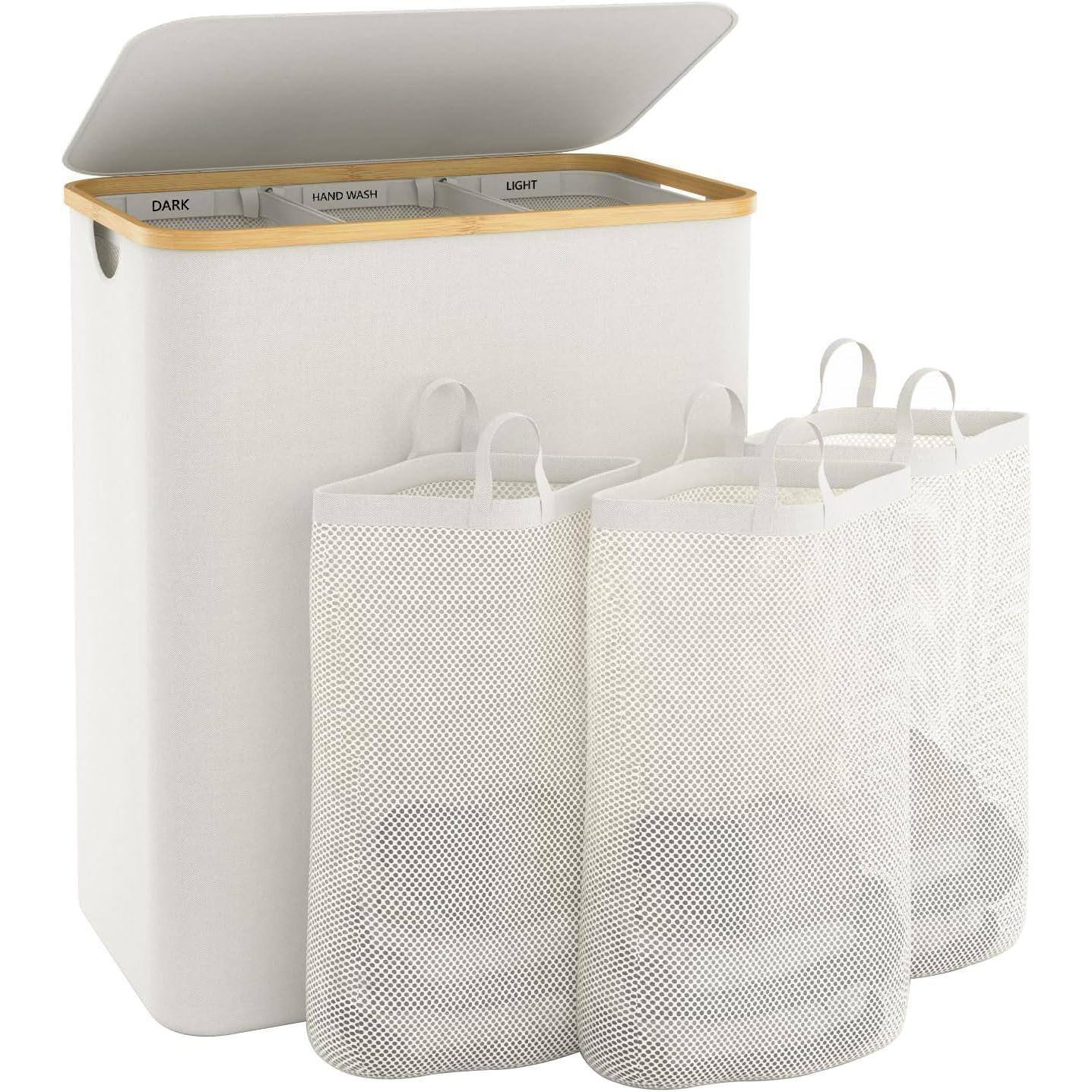 Dapper Styles - 3 Section Dirty Clothes Laundry Basket With Lid Hampers Removable Bags For Bedroom And Room - Beige-145L