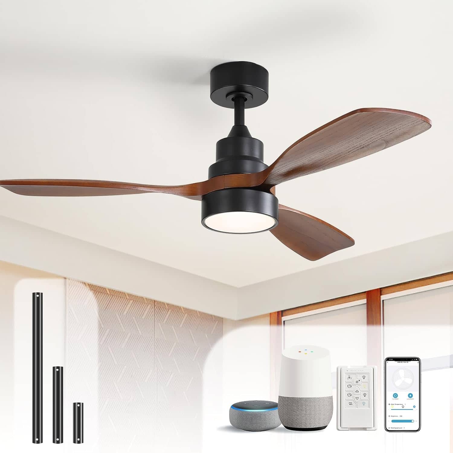 Sofucor - 42'' Wood Ceiling Fan with Light & APP/ Remote Control Reversible DC Motor 3CCT LED Dimmable for Bedroom Farmhouse Patio - Black Walnut Wood