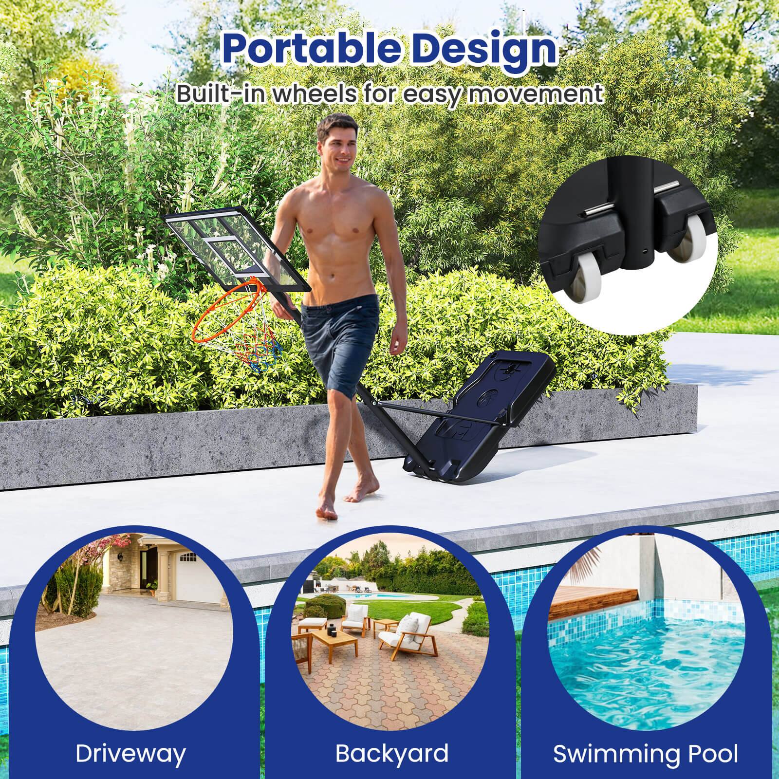 Portable Design  
Built-in wheels for easy movement  

Driveway  
Backyard  
Swimming Pool