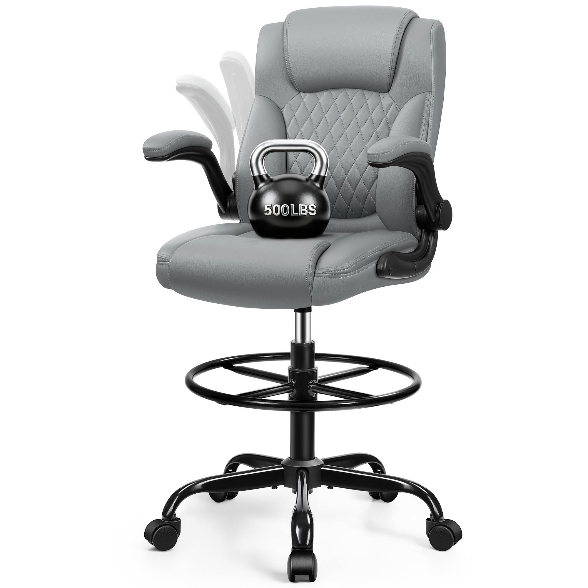 Angle. Brick Attic - Executive Tall Drafting Chair, Ergonomic Leather Office Chair with   Flip-Up Armrest, Adjustable Height Desk Chair - Gray.