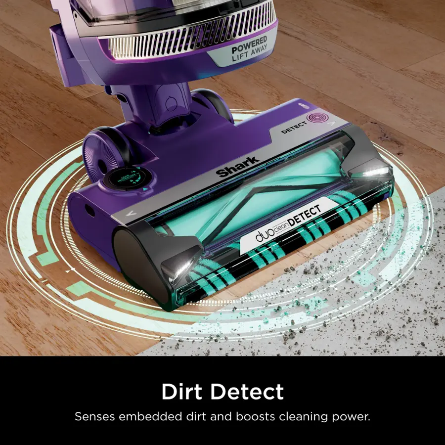 The text on the image reads: "POWERED AWAY LIFT adddad I DETECT Shark clean DETECT duo Dirt Detect Senses embedded dirt and boosts cleaning power."