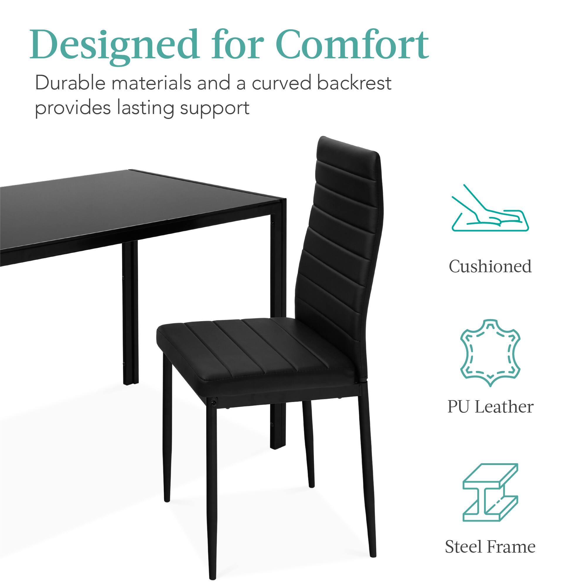 Designed for Comfort

Durable materials and a curved backrest provides lasting support

- Cushioned
- PU Leather
- Steel Frame