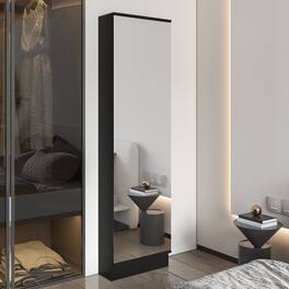 APRILSOUL - Ruan XL Shoe Rack Mirror Five Interior Shelves Single Door Cabinet - Black
